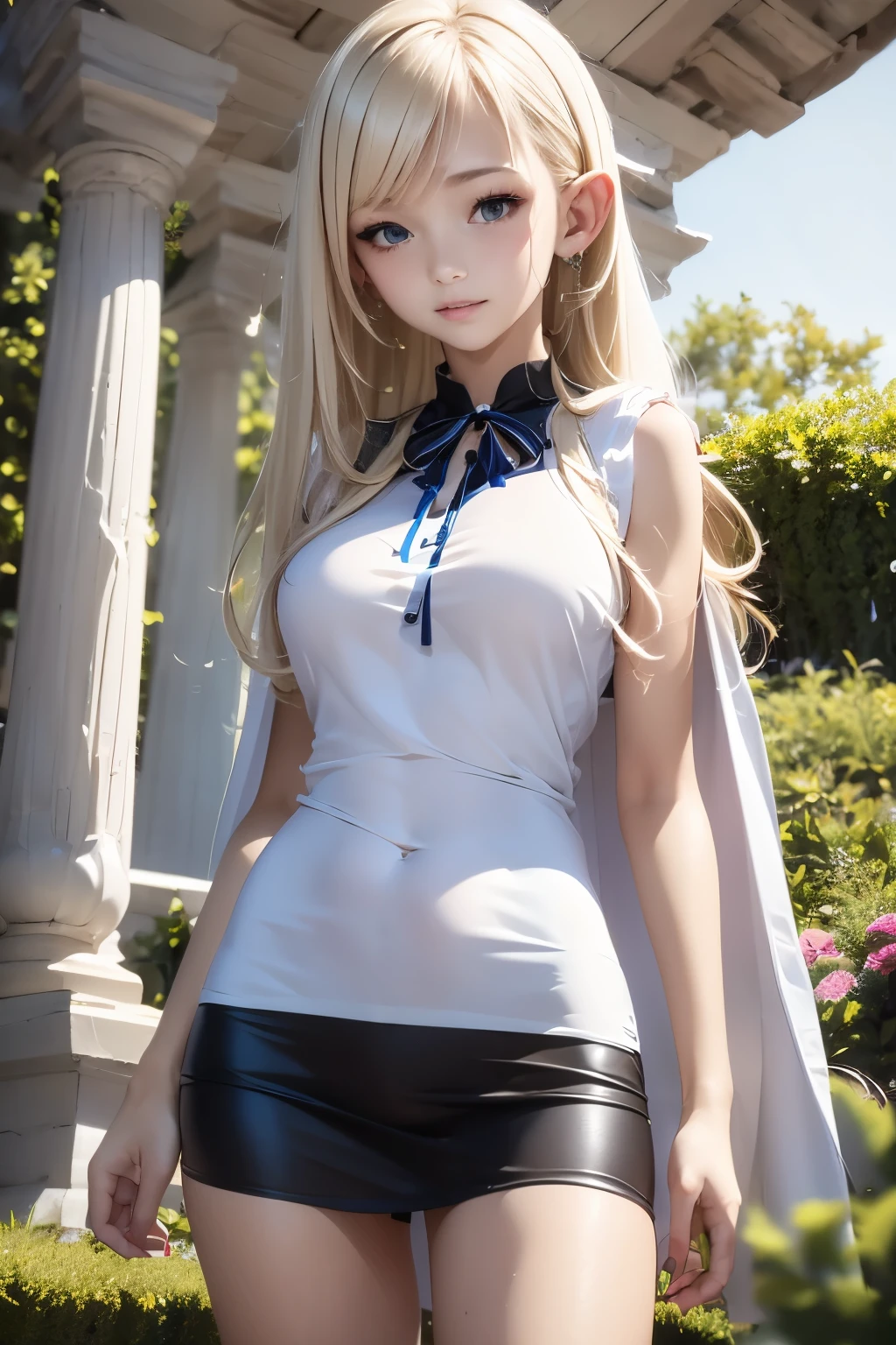 Beautiful long blonde hair woman is shown to have a sexy figure. She is wearing a beautiful detailed spring printed Resort Style Square Neck Puff Sleeve Ruffle Hem Dress, jewelry, she has pointy ears, blue eyes,Girl standing outside in a field, sexy session, poseing, cowboy shot, superior quality, many details, realistic