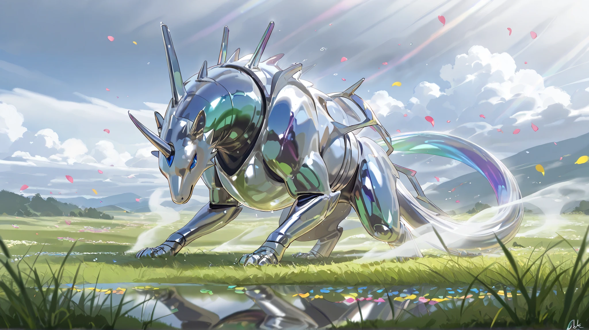 top quality, high image quality, 16k, very absurd, very well detailed, delicate and dynamic, mystical , huge artistic structure made of chrome plated framework and glass, after the rain, sunlight shining through gaps in the clouds , Glass reflects the colors of the rainbow 、The analyzer appears, Lots of rainbow-colored petals fall, The grass is covered in fog , CREATES AMAZING IMAGE EFFECTS