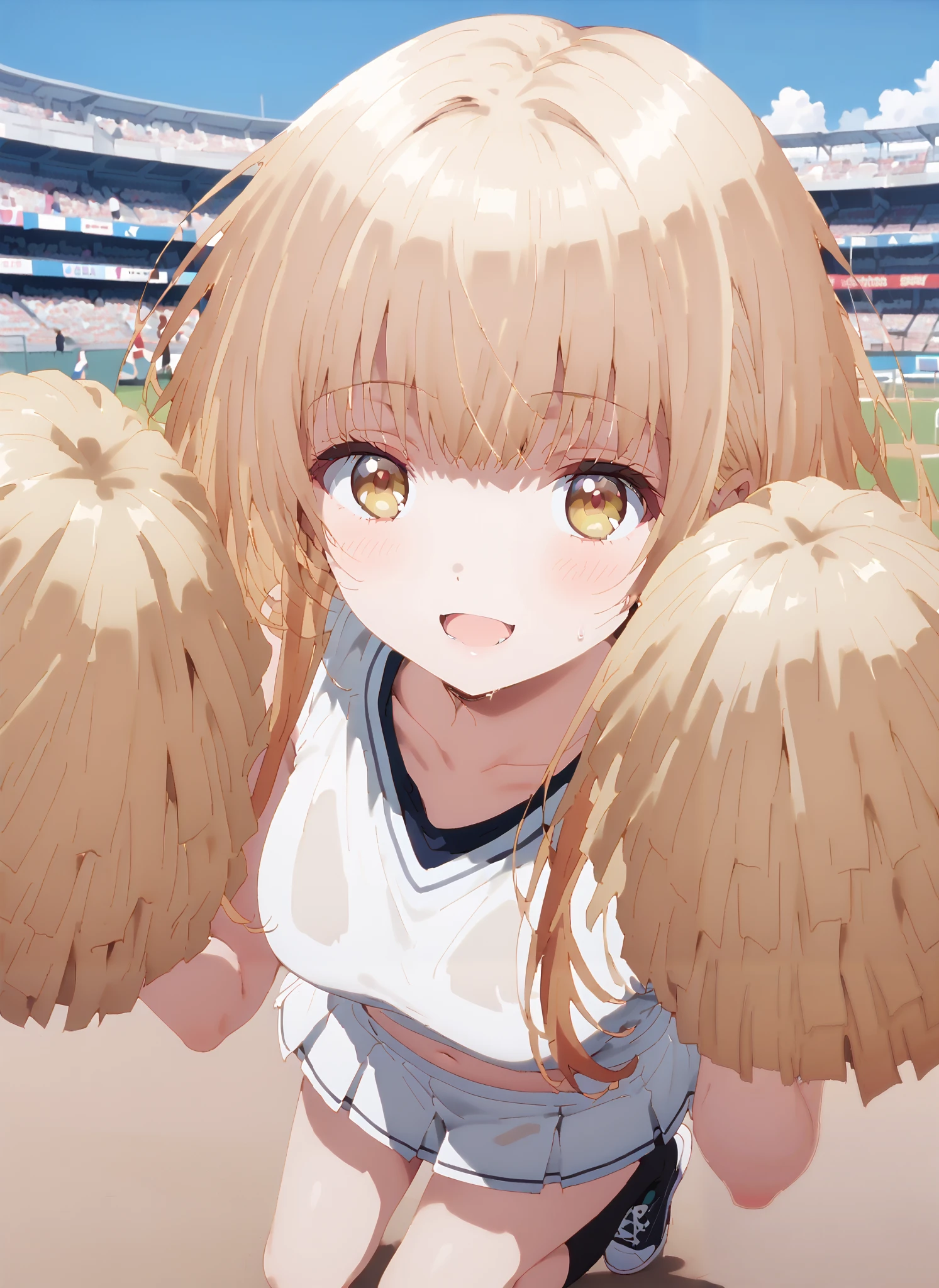 It's so dizzying, Mahiru Shiina, bungs, blonde hair, brown hair, yellow eyes,long hair,smile,blush,open your mouth,,(cheerleading), (full body), on chest, (semen), semen Wet Clothes, (white clothes),sleeveless, pleated skirt,black socks,sneakers,belly button sticking, playground, (jump), (jump),and raise both arms, 両足を曲げてjumpする, blue sky, Compa, smile,cheerleader with radiant skin, Pom-pom \(cheerleading\) real hair ornaments, full audience,full bodyがイラストに入るように,break looking at viewer,full body,
break outdoors,Stadium,
break (masterpiece:1.2),top quality , kampala, Unity 8K Wallpaper ,(shape:0.8),( fine, beautiful eyes :1.6),It's a person ,full body写真,CG Details , (perfect hands with full nudity,complete anatomy),