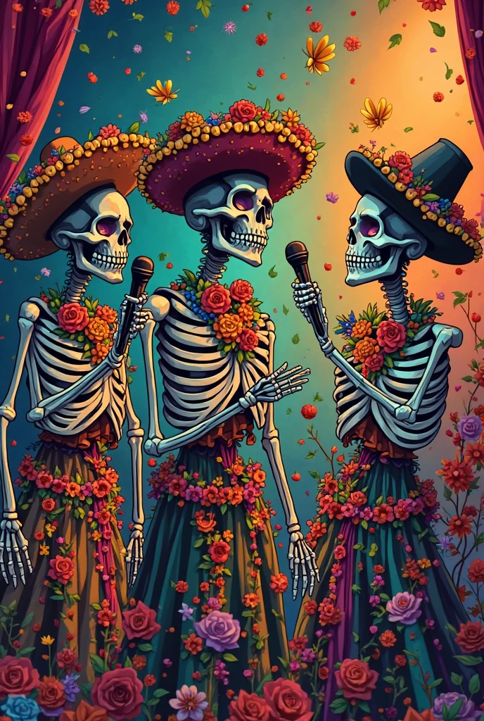 Mexican skeletons dancing in cartoon with black background