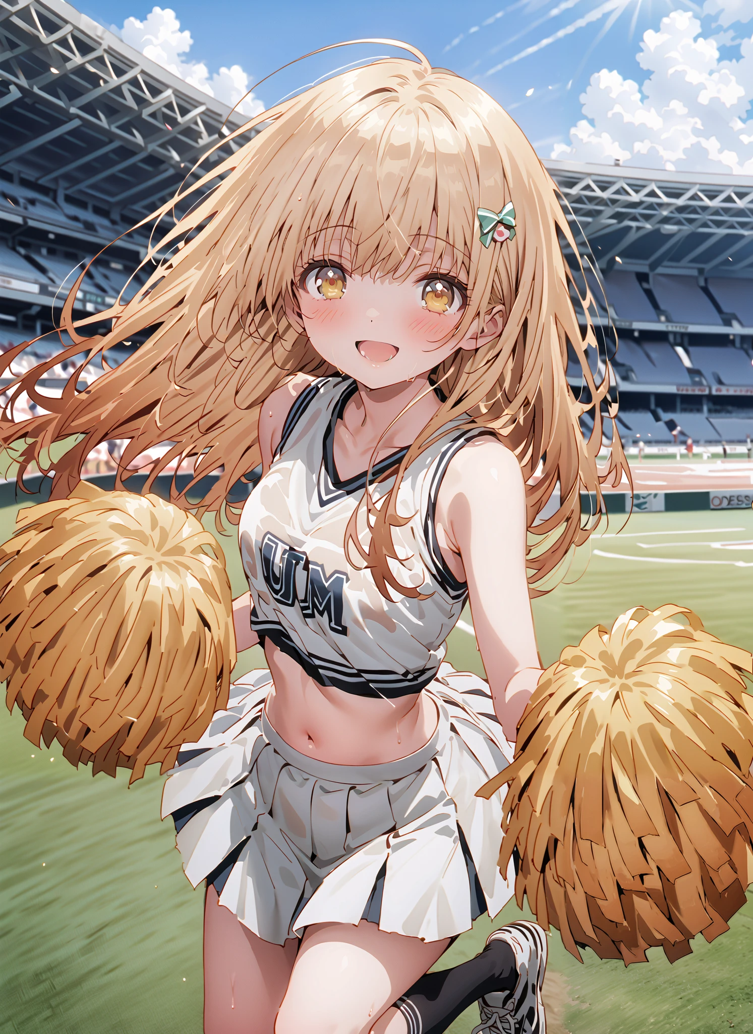 It's so dizzying, Mahiru Shiina, bungs, blonde hair, brown hair, yellow eyes,long hair,smile,blush,open your mouth,,(cheerleading), (full body), on chest, (semen), semen Wet Clothes, (white clothes),sleeveless, pleated skirt,black socks,sneakers,belly button sticking, playground, (jump), (jump),and raise both arms, 両足を曲げてjumpする, , blue sky, Compa, smile,cheerleader with radiant skin, Pom-pom \(cheerleading\) real hair ornaments,break looking at viewer,full body,
break outdoors,Stadium,
break (masterpiece:1.2),top quality , kampala, Unity 8K Wallpaper ,(shape:0.8),( fine, beautiful eyes :1.6),It's a person ,full body写真,CG Details , (perfect hands with full nudity,complete anatomy),