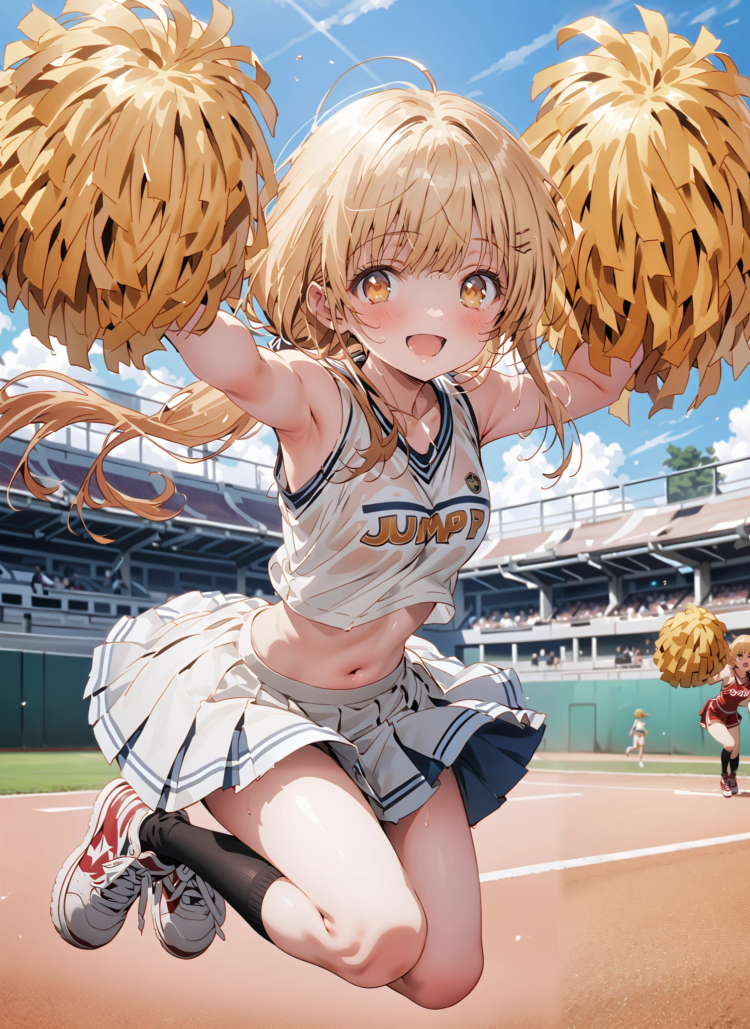 It's so dizzying, Mahiru Shiina, bungs, blonde hair, brown hair, yellow eyes,long hair,smile,blush,open your mouth,,(cheerleading), (full body), on chest, (semen), semen Wet Clothes, (white clothes),sleeveless, pleated skirt,black socks,sneakers,belly button sticking, playground, (jump), (jump),and raise both arms, 両足を曲げてjumpする, , blue sky, Compa, smile,cheerleader with radiant skin, Pom-pom \(cheerleading\) real hair ornaments,break looking at viewer,full body,
break outdoors,Stadium,
break (masterpiece:1.2),top quality , kampala, Unity 8K Wallpaper ,(shape:0.8),( fine, beautiful eyes :1.6),It's a person ,full body写真,CG Details , (perfect hands with full nudity,complete anatomy),