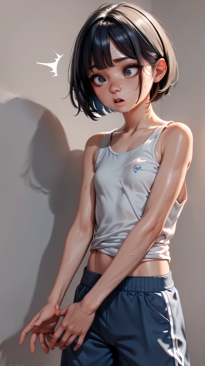 Blue haired anime boy poses for camera, Ecchi Anime Style,, Enchanting anime boy, Anime style, Men with short blue hair, beautiful alluring anime teen, Realistic High School Boys, 2 d anime style、Exposed legs、whiteshirt、Gym Shirts、Tshirts、Short sleeve、Blue bloomers、Wearing blue bloomers、White gym shirt、blancheTshirts
