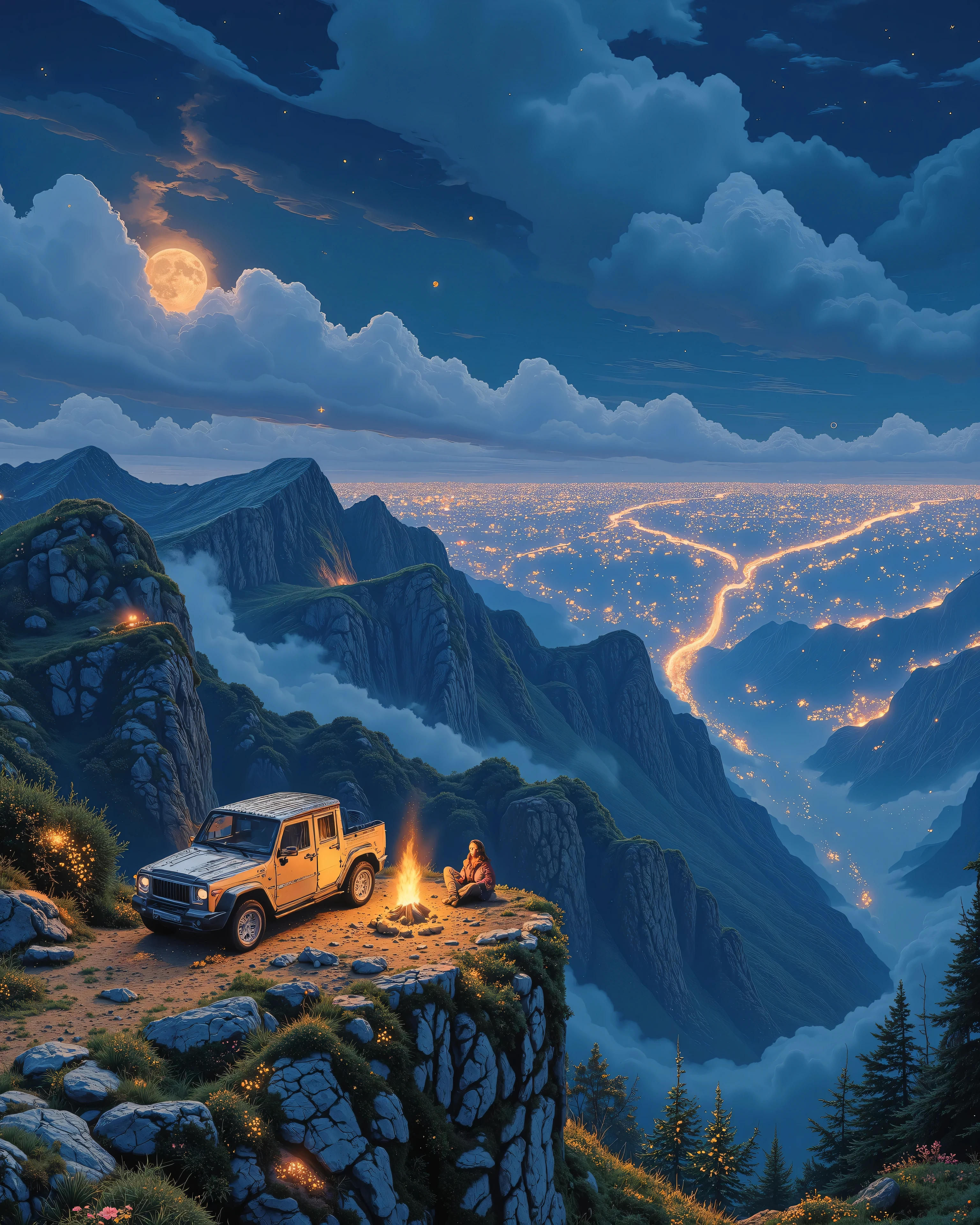 A breathtaking night scene on a high mountain cliff, overlooking a glowing cityscape in the valley below. A full moon shines brightly in the deep blue starry sky, casting a magical glow. A traveler sits by a warm campfire next to a modern SUV, enjoying the peaceful solitude of nature. The grass around the cliff is lush and green, with scattered wildflowers. The atmosphere is cinematic, with soft lighting and a dreamy, serene mood. The art style is semi-realistic with a touch of fantasy, capturing the essence of adventure and tranquility."