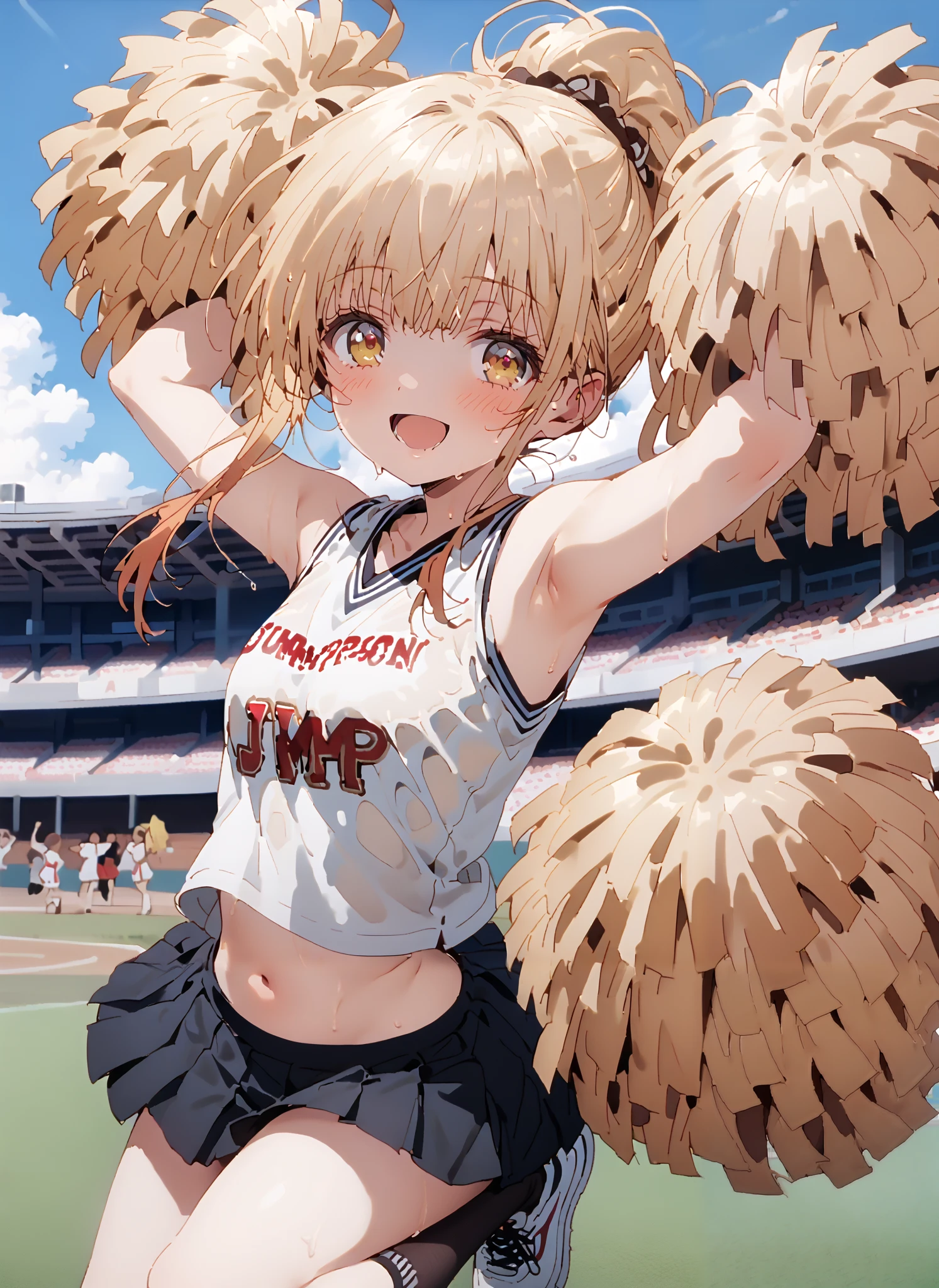It&#39;s so dizzying, Mahiru Shiina, bungs, blonde hair, brown hair, yellow eyes,long hair,smile,blush,open your mouth,,(cheerleading), (full body),  on chest, (semen), semen Wet Clothes, (white clothes),sleeveless, pleated skirt,black socks,sneakers,belly button sticking, playground, (jump), (jump),and raise both arms, 両足を曲げてjumpする, blue sky,  Compa, smile,cheerleader with radiant skin, Pom-pom \(cheerleading\) real hair ornaments, full audience,full bodyがイラストに入るように,break looking at viewer,full body,
break outdoors,Stadium,
break (masterpiece:1.2),top quality , kampala, Unity 8K Wallpaper ,(shape:0.8),(  fine, beautiful eyes  :1.6),It's a person ,full body写真,CG Details , (perfect hands with full nudity,complete anatomy),