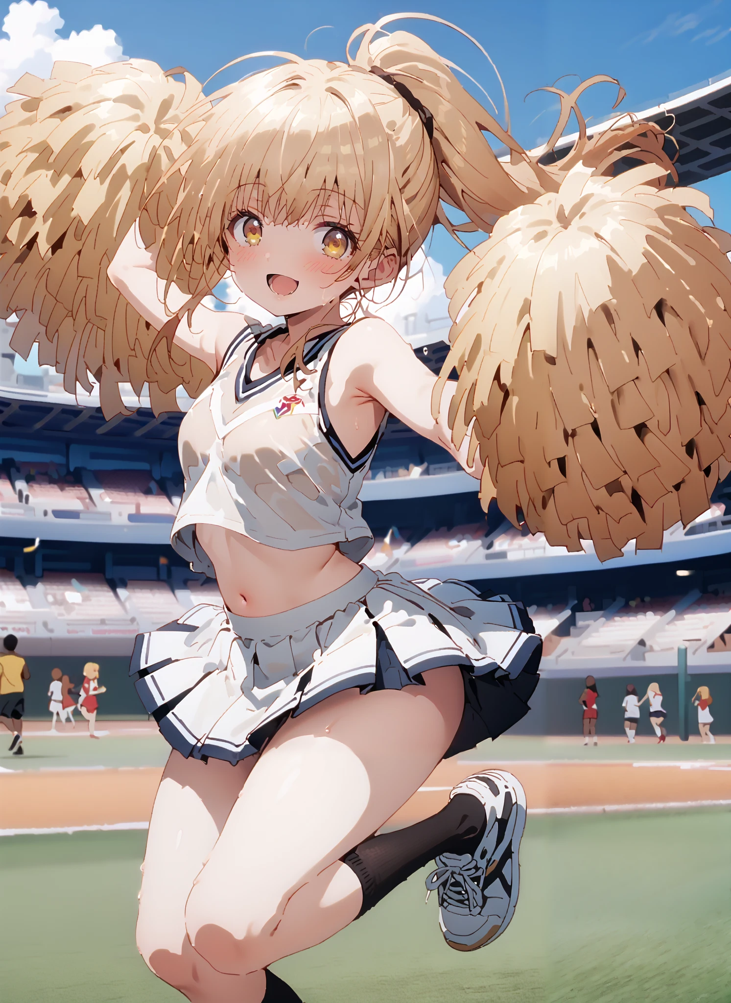 It's so dizzying, Mahiru Shiina, bungs, blonde hair, brown hair, yellow eyes,long hair,smile,blush,open your mouth,,(cheerleading), (full body), on chest, (semen), semen Wet Clothes, (white clothes),sleeveless, pleated skirt,black socks,sneakers,belly button sticking, playground, (jump), (jump),and raise both arms, 両足を曲げてjumpする, blue sky, Compa, smile,cheerleader with radiant skin, Pom-pom \(cheerleading\) real hair ornaments, full audience,full bodyがイラストに入るように,break looking at viewer,full body,
break outdoors,Stadium,
break (masterpiece:1.2),top quality , kampala, Unity 8K Wallpaper ,(shape:0.8),( fine, beautiful eyes :1.6),It's a person ,full body写真,CG Details , (perfect hands with full nudity,complete anatomy),