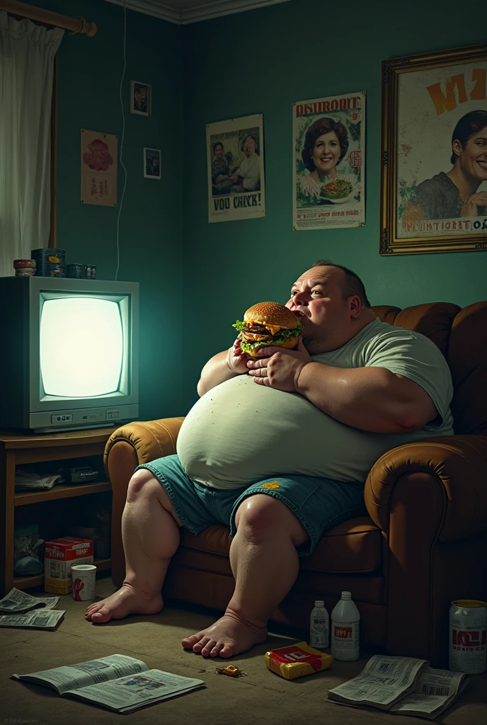 A slightly overweight man wearing glasses and underwear sitting on in a toilet scratching his lower stomach with his right hand while biting hamburger with his left while staring at a laptop viewed from the side