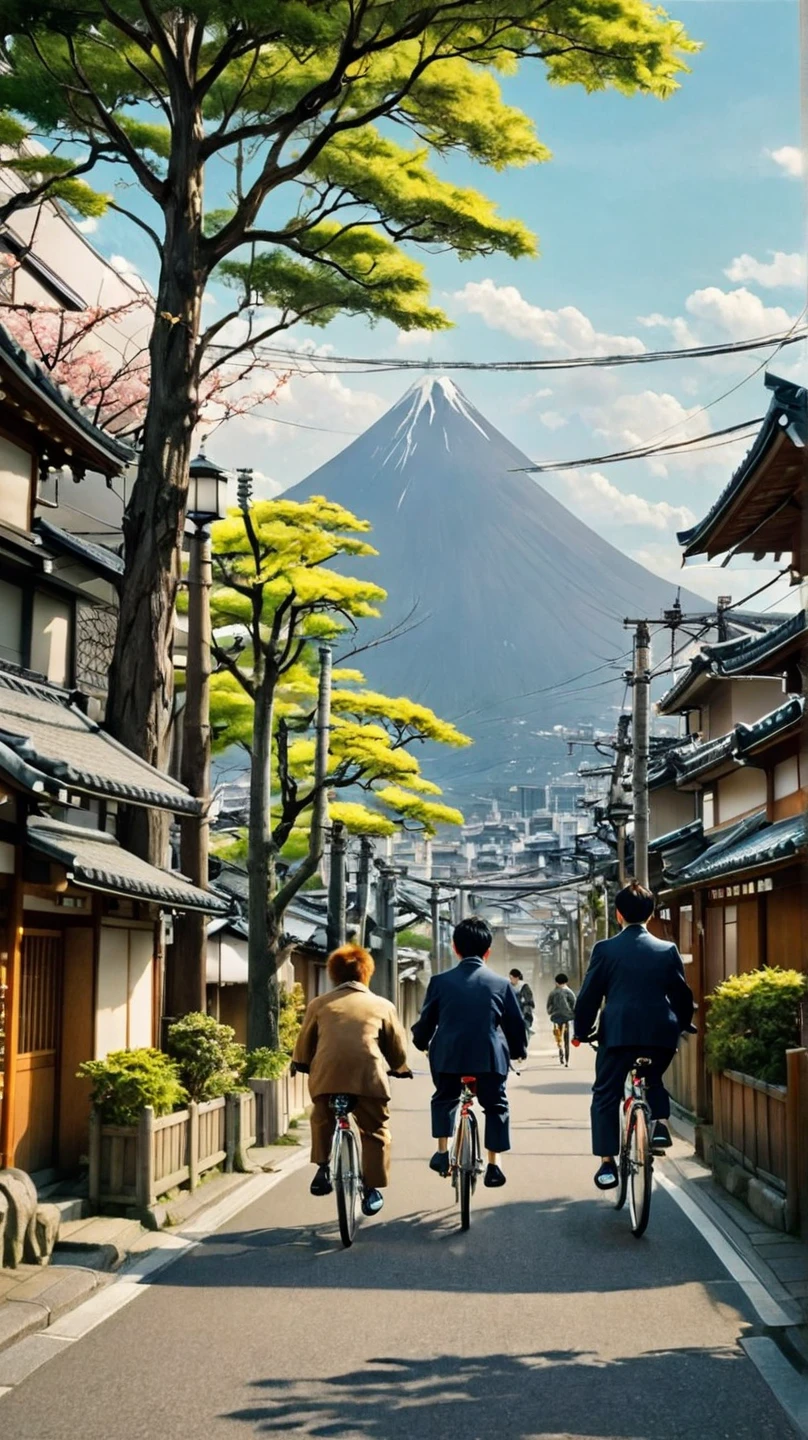2person from back, a one on the bicycle, another one walking, on Japanese town, daytime, mans, furry