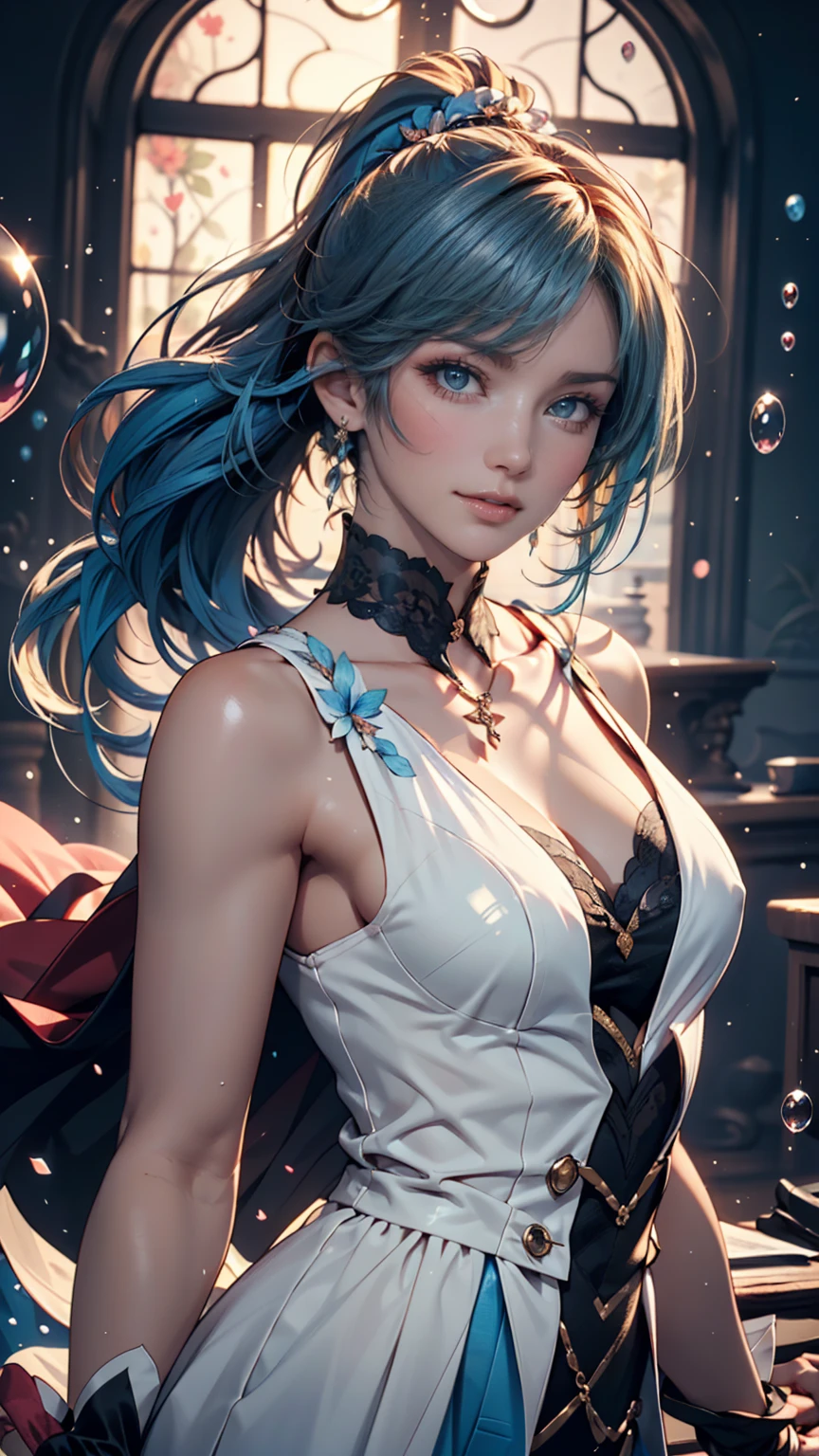 (masterpiece), (highest quality), (Super detailed),(Disheveled Hair),(figure), (One girl), (Fashionable clothes), Are standing, Fashion Model, View Viewer, (interview), (Simple Background),Beautiful fine details, Delicate and beautiful face, floating,(High chroma),(Colorful splashes),Colorful Bubbles,(The Shining), Focus on the face, ponytail, kamisato ayaka, Light blue hair, bangs, Hair Ring, Floating Flowers, Floating hair, (The Shining), Best lighting, Best Shadow,