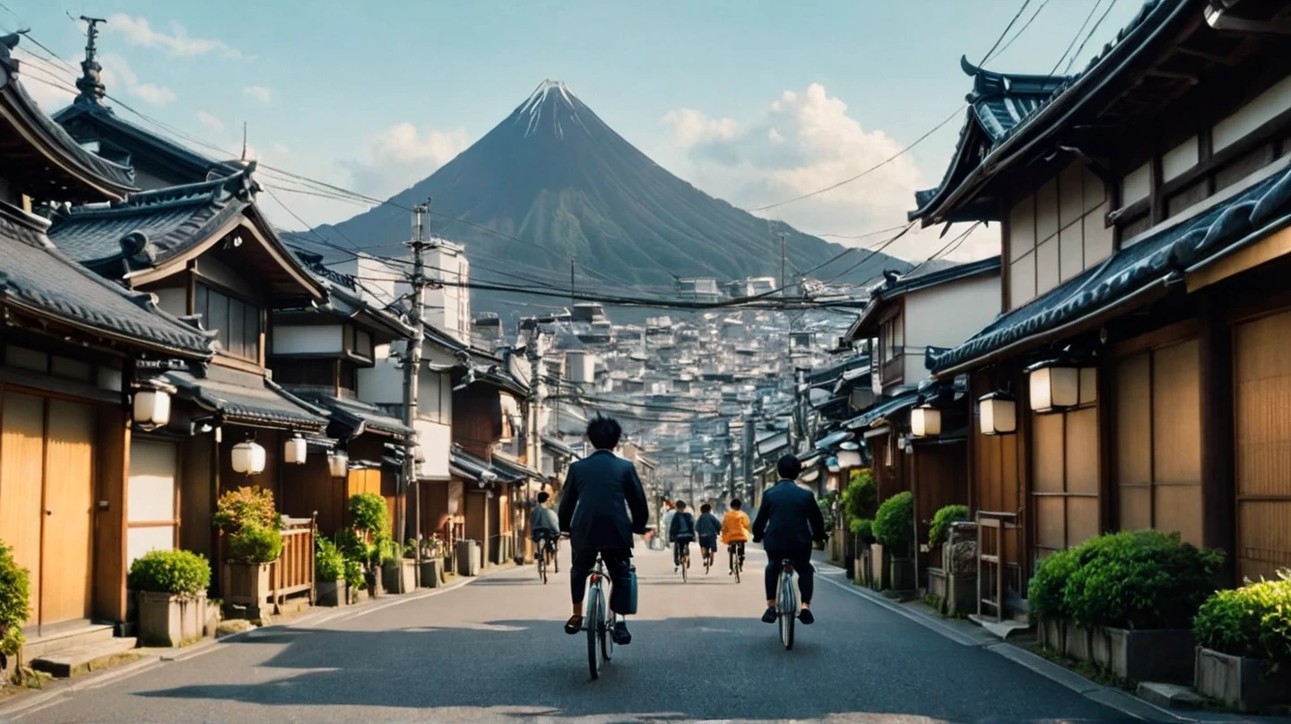 2person from back, a one on the bicycle, another one walking, on Japanese town, daytime, mans, furry