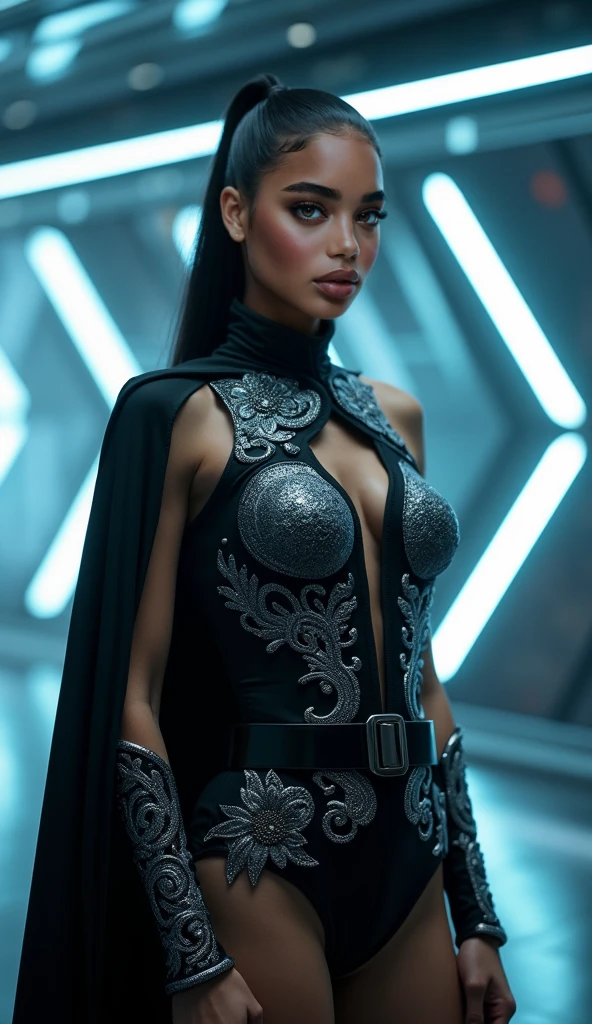 A warrior woman who believes in the strength of the stars in a techno-bureaucratic apocalyptic world. She is beautiful and dressed in a dress that covers her whole body with modesty but is extremely sensual and strong
