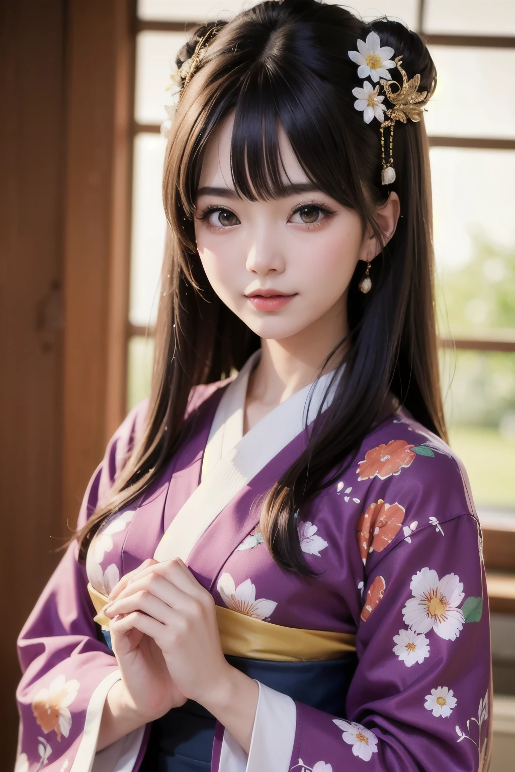 ((best quality)), ((muste piece)), (detailed face), (highlight), princess、Big breasts、blunt bangs、black hair、Kimono with detailed pattern、