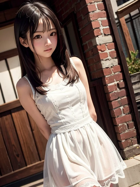 there is a woman standing in front of a building wearing a dress, loli in dress, cute anime waifu in a nice dress, anime girl in real life, anime girl cosplay, cute kawaii girl, cute dress, cute elegant pose, pretty anime girl, beautiful anime girl, small curvy loli, attractive anime girl, romantic dress, beautiful alluring anime teen