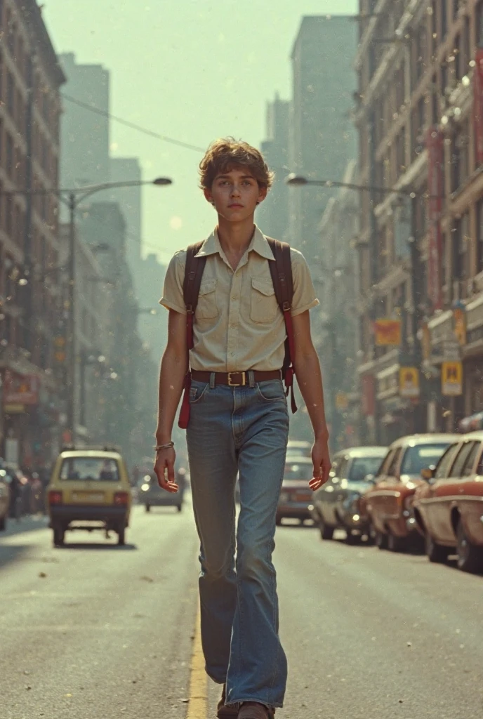 "A Small, Weak American Boy in Brooklyn, New York in 1920" Looking at a Poster on the Street by Syd Mead, Tangerine Color Palette with World War II Poster, Detailed, Soft Colors, 8k