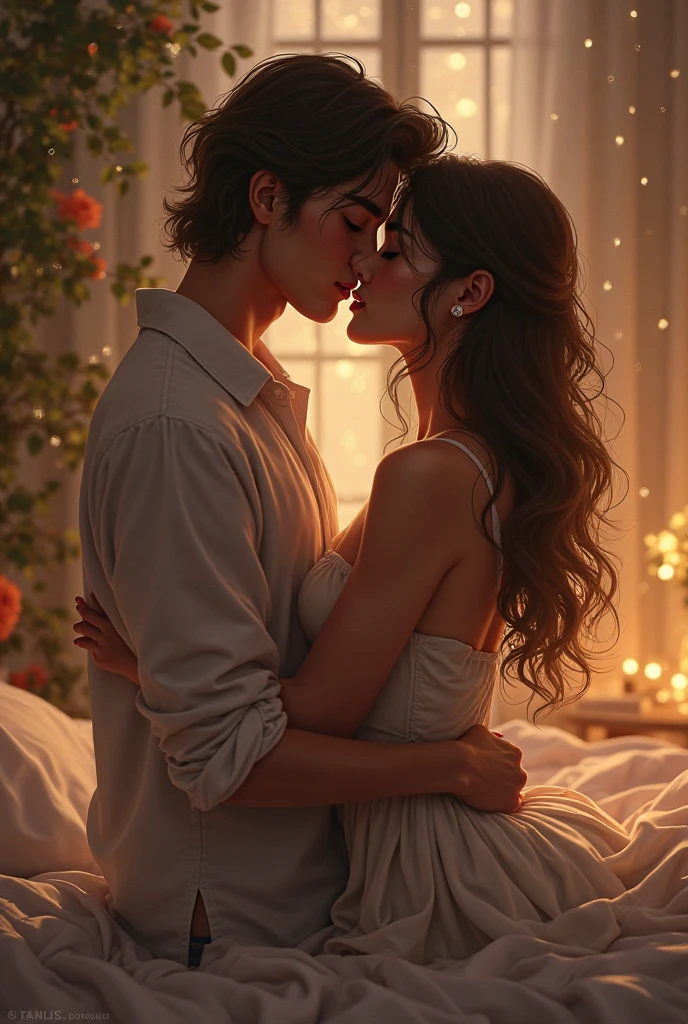 In a rural room，A handsome boy wearing big pants and white shirts and flip-flops，A pretty，HD8K,Tall and tall，Western Regions，Housewear，long whitr hair，ssmile，Kinky Women，Have together --auto