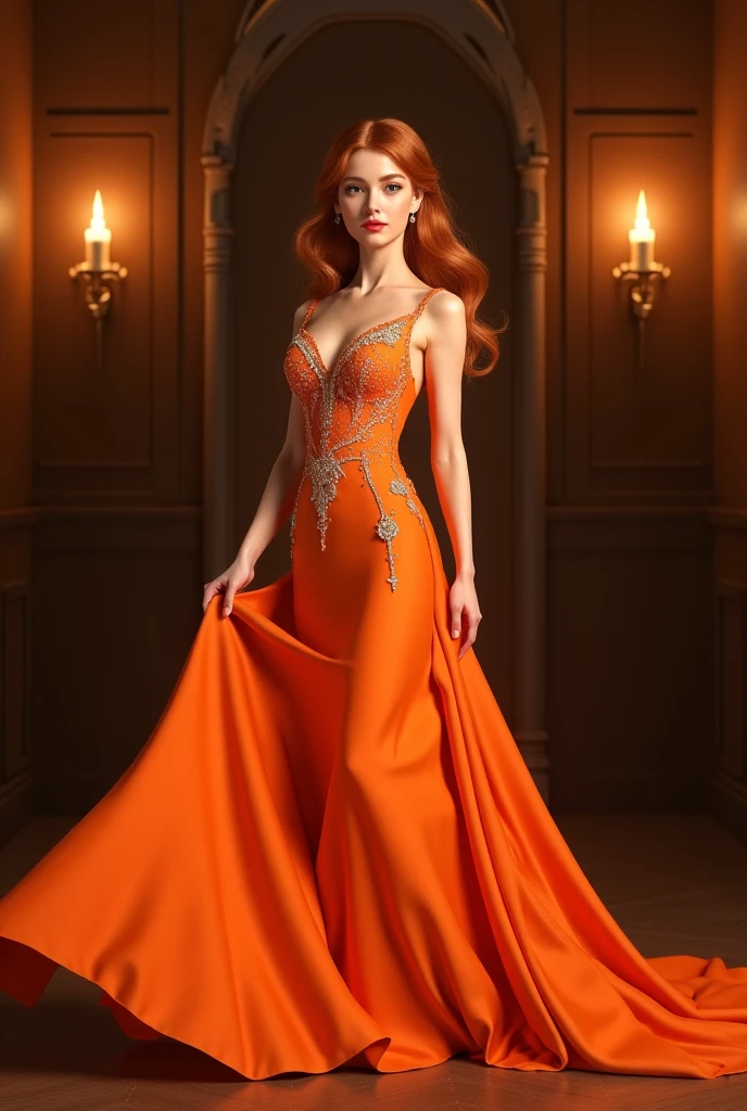Evil, Sadistic, early 20’s red haired, green eyed murderess. Beautiful and dangerous. Full body image, Wearing an orange colored Lacey gown with high heels, and luring men to their doom. An evil smirk crosses her glossy ruby lips.
