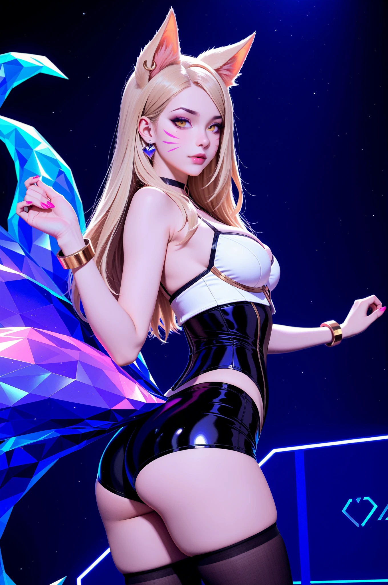 Masterpiece, Superb Body, Full Body, (Skin Texture: 1.3), 1girl, crop top , tight shorts, lace, beautiful breasts, choker, collarbone, eyebrows visible through hair, gradient hair, smile, long black hair, light blonde ends, looking at the audience, fashion, woman, vibrant, dress, pose, frontal, colorful, dynamic, background, element, confident, expressive, holding, statement, attachment, majestic, coiled, around, touch, scene, text, cover, bold, eye-catching, title , fashion, font, catchy, title, bigger, eye-catching, modern, stylish, focused, stylish, black stockings