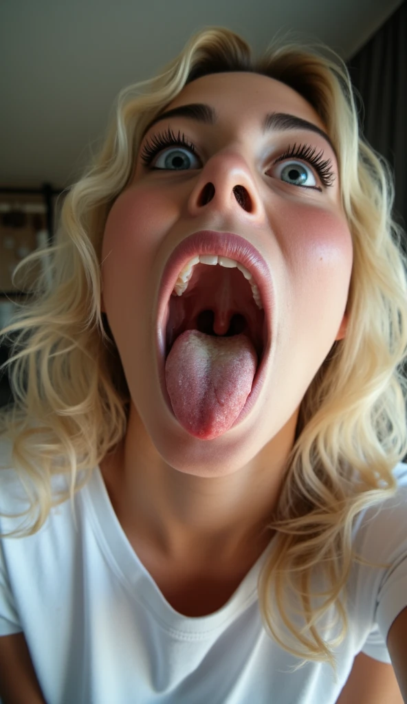 a woman and uvula and pink oral cavity visible and wide open mouth, tongue, solo, tongue out, looking at viewer, teeth,  makeup, eyelashes, blonde hair, portrait, saliva, bangs saliva trail,saliva drip,
<lora:ahegao cum_V2:0.9>,flash photography,<lora:flash photography photoV3:0.5>
Necklace and neck visible
bedroom background