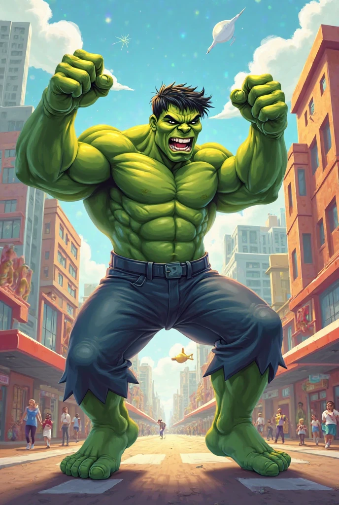 The Incredible Hulk Laughing hard, he is in a fight with an Easter Bunny themed villainess that just put rabbit ears on the Hulk