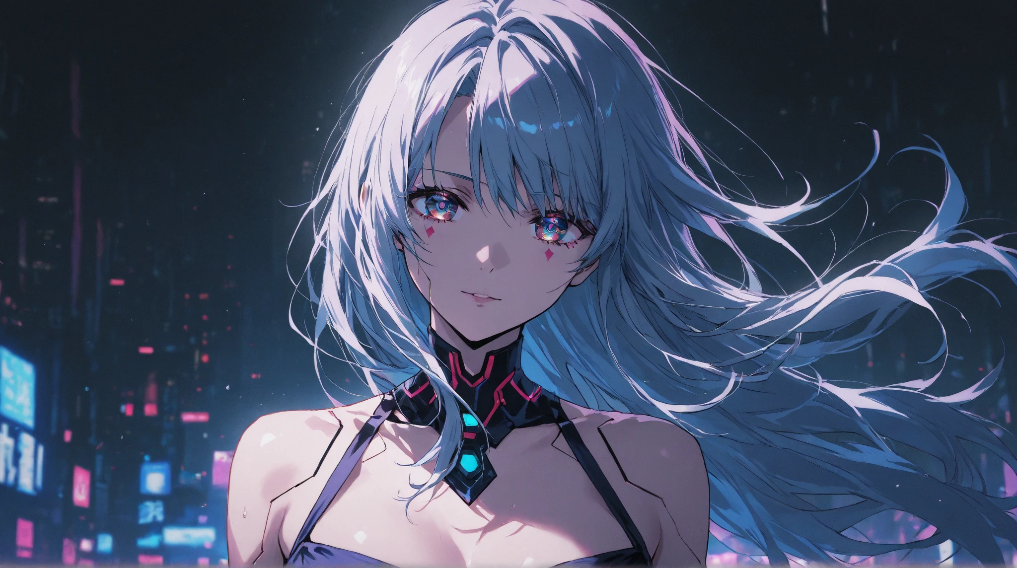 ((pixiv)),(Color Field),(Fantasy),(masterpiece_portrait),only 1 girls,Cool Beauty,expressionless,curvy,large breasts,sharp face,Dark hair,long hair,hair between eyes,spiked hair,half-closed eyes,blue eyes,Closed mouth,devil Horns,reaching out,cowboy shot,standing,dark Dress,Golden Artefact,Golden Accessory,ninja,choker,Bulgaria