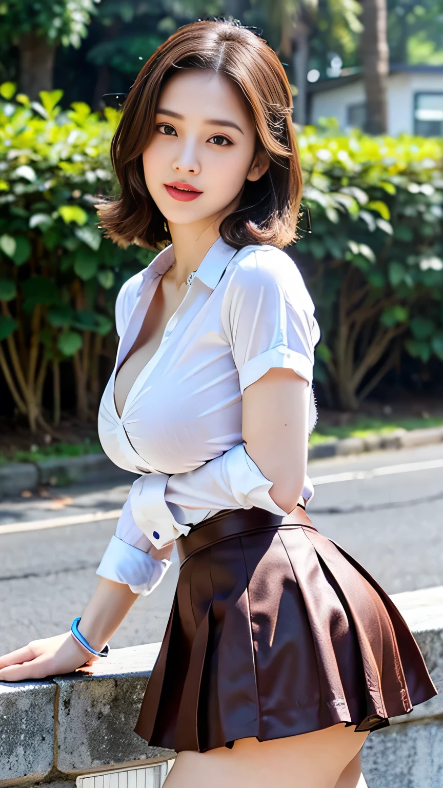 8K, Ultra-high resolution, Highest quality, Tabletop、Ultra-high resolution、Highest quality、 (Quite large breasts、Cleavage、sit on the ground with your knees wide bent、Open your legs wide to the sides:1.2)(high school girl、White Cutter Shirt、Micro mini check pattern pleated mini skirt、Thong:1.3)、(Sit on the ground of the tree-lined avenue of Omotesando:1.2)、(Japanese girl、Big black eyes、Long eyelashes、Glowing Skin、Very tanned skin:1.3)、Black Loafers