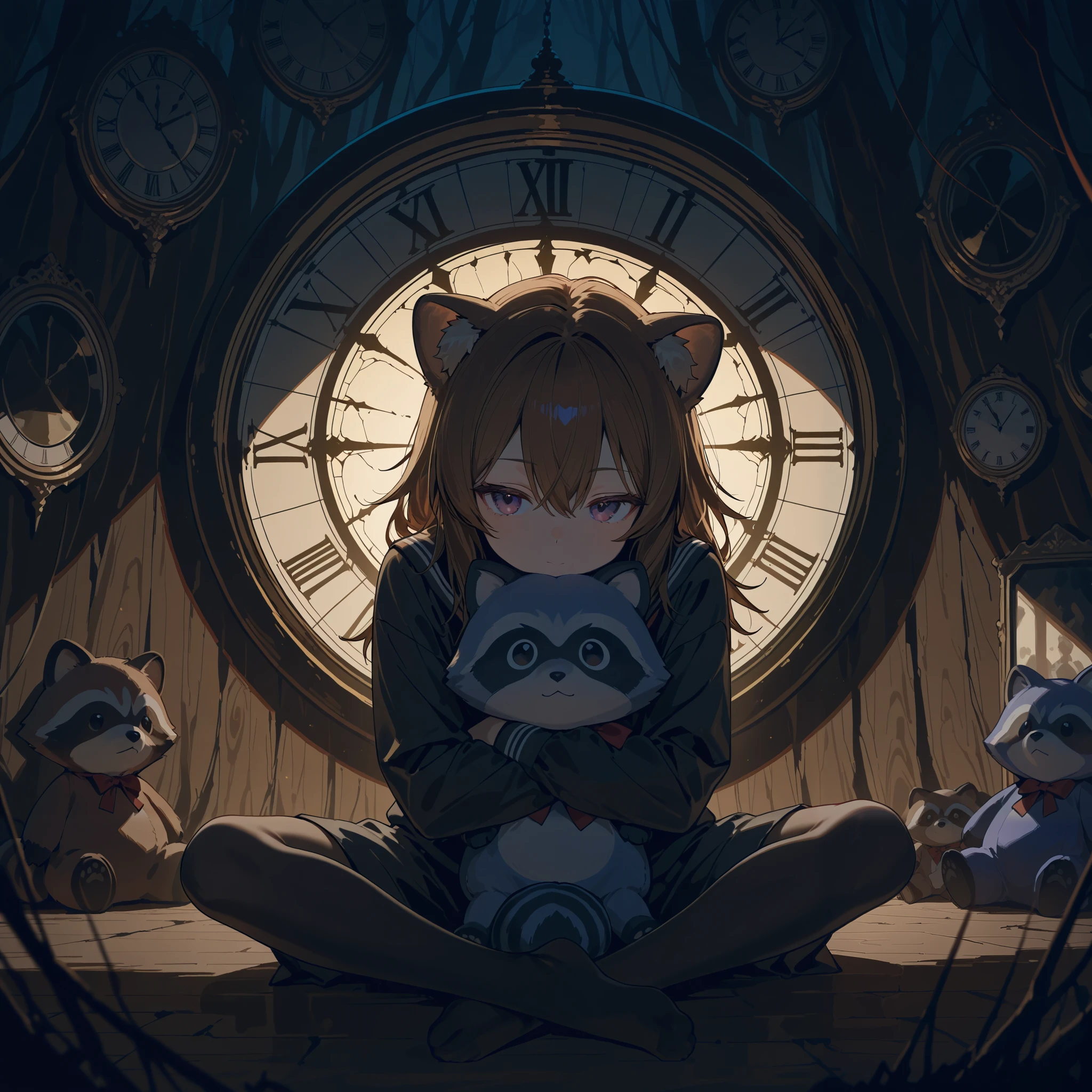 ( sitting across from a stuffed raccoon:1.5),Staring at a stuffed animal face to face、(真っ暗な森:1.1)、(Mirror clock), in a completely dark forest, in a completely dark forest, ランタン