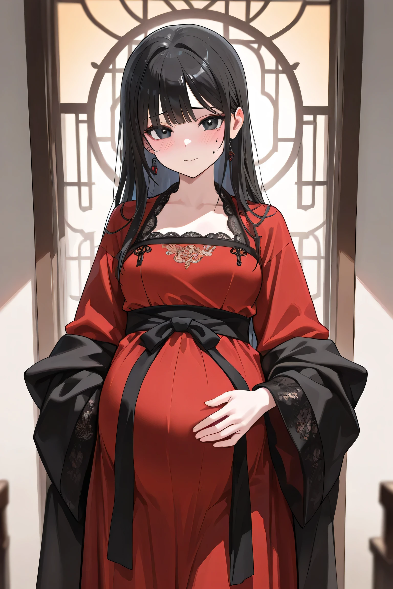 (Best quality, 4k, 8k, high resolution, masterpiece:1.2), ultra detailed, intricate details, beautiful girl, alone, long black hair, bangs, black eyes, small-medium breasts, perfect smooth skin, looking at viewer, head tilted, traditional Asian clothing, red hanfu with black accents, wide sleeves, black sash around waist, intricate embroidery on fabric, standing in a softly lit traditional interior, slightly nervous expression, soft blush on cheeks, elegant and graceful posture, (Pregnant:1.0)