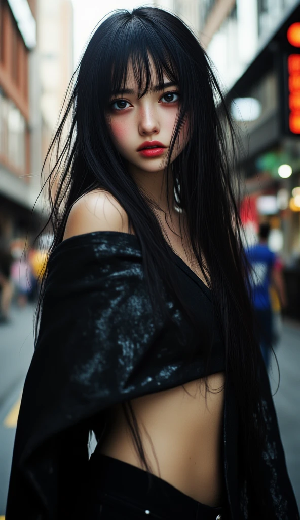 vampire、23 years old、woman、black hair long hair、 The bangs are aligned above the eyebrows 、smile、red eyes、Big Breasts、Wear a short, black, shiny cloak、The background is the city、