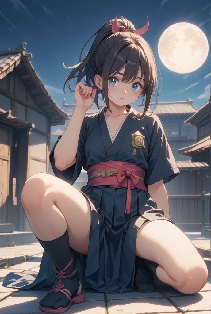 rukia from bleach full body protrat sitting on a hill watching over a tokyo at night turning here face to look at u wile smiling