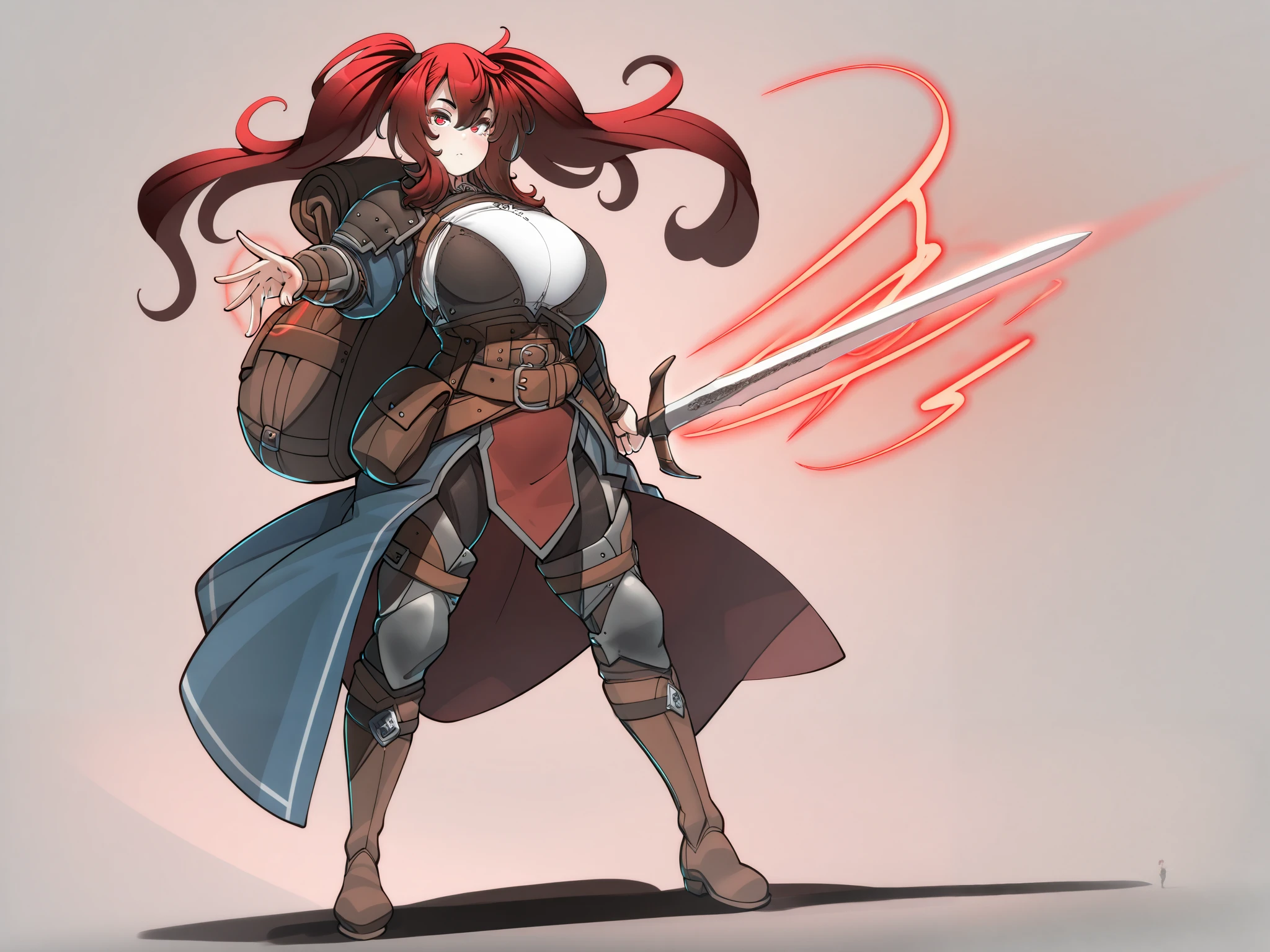 solo female,20 years old,Twin Tails, red hair ,expressionless,Big Breasts,glamorous body with sword,Adventurer,Magic Swordsman,Pouch,large bag, western-style armor with little exposure,Holding a spell book,Leather boots,(This shige,Konoshige_\(Ryuun \)),fantasy,simple background, masterpiece, top quality 