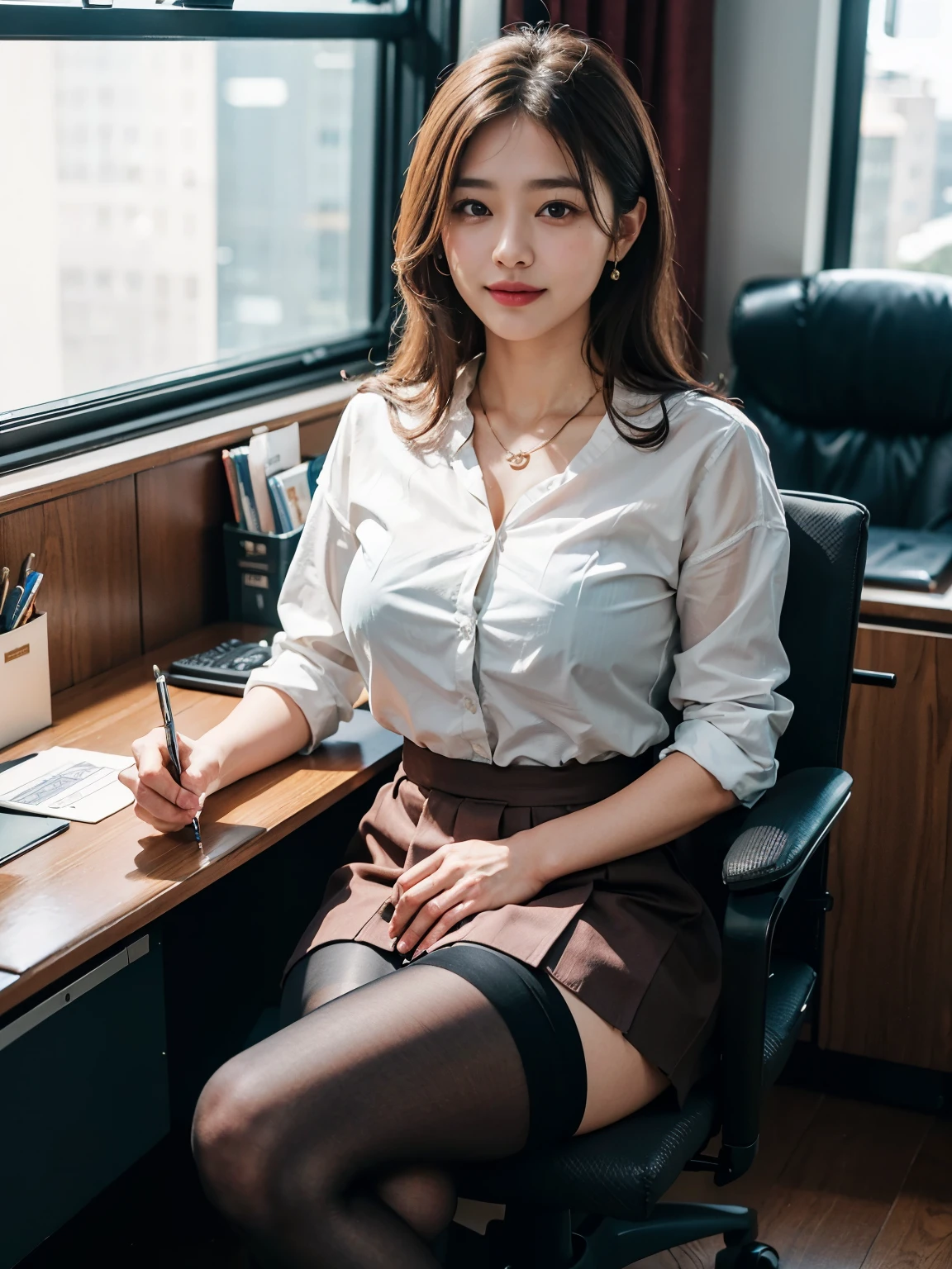 face :9,1714884241], high-class elite secretary wearing a business shirt, ((Working in an office chair:1.5)), ( sitting in a train seat wearing pantyhose)、((Crossed legs)), necklaces,  Wear Premium High Heels 、 ( stockings and skirt、Big Breasts), earrings,  shirt with her belly button out on the train,   businesswoman,  Can See Your Chest ,  physical based rendering ,,  business wear, (( smiling expression)),RAW photo, (8k、top quality、masterpiece:1.2)、( x} Delicate Details :1.4)、(photoreal:1.4)、Octane Rendering、complex 3d render, Super Detailed,  Soft Light in Studio ( Soft Light in Studio) ( Soft Light in Studio ( Soft Light in Studio)),  rimlight,  vivid details , Super Detail, realistic skin texture, 【faceの詳細, Beautiful Detailed Eyes, Highly Detailed CG Unity 16k Wallpaper, Compensate -, ( detailed biography:1.2),   exposed thighs  !!!, Full body