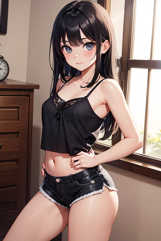(masterpiece, best quality), 1girl, small breasts, small hips, crop top, denim shorts, bedroom, striped thighhighs, pervert, ,