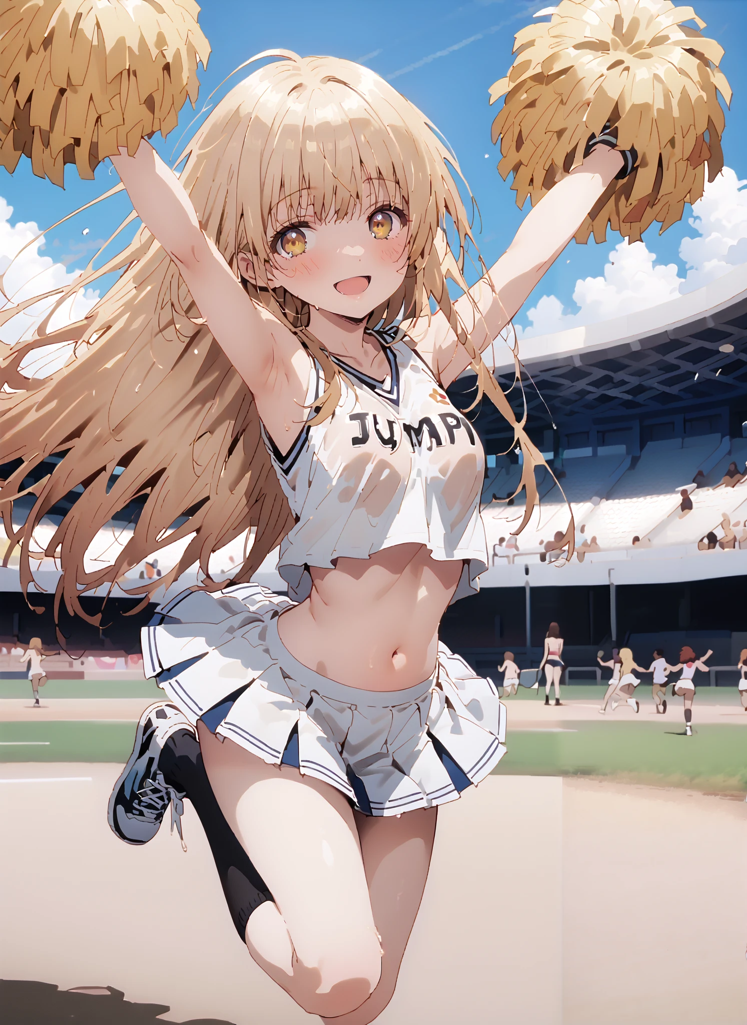 It's so dizzying, Mahiru Shiina, bungs, blonde hair, brown hair, yellow eyes,long hair,smile,blush,open your mouth,,(cheerleading), (full body), on chest, (semen), semen Wet Clothes, (white clothes),sleeveless, pleated skirt,black socks,sneakers,belly button sticking, playground, (jump), (jump),and raise both arms, 両足を曲げてjumpする, blue sky, Compa, smile,cheerleader with radiant skin, Pom-pom \(cheerleading\) real hair ornaments, full audience,full bodyがイラストに入るように,break looking at viewer,full body,
break outdoors,Stadium,
break (masterpiece:1.2),top quality , kampala, Unity 8K Wallpaper ,(shape:0.8),( fine, beautiful eyes :1.6),It's a person ,full body写真,CG Details , (perfect hands with full nudity,complete anatomy),