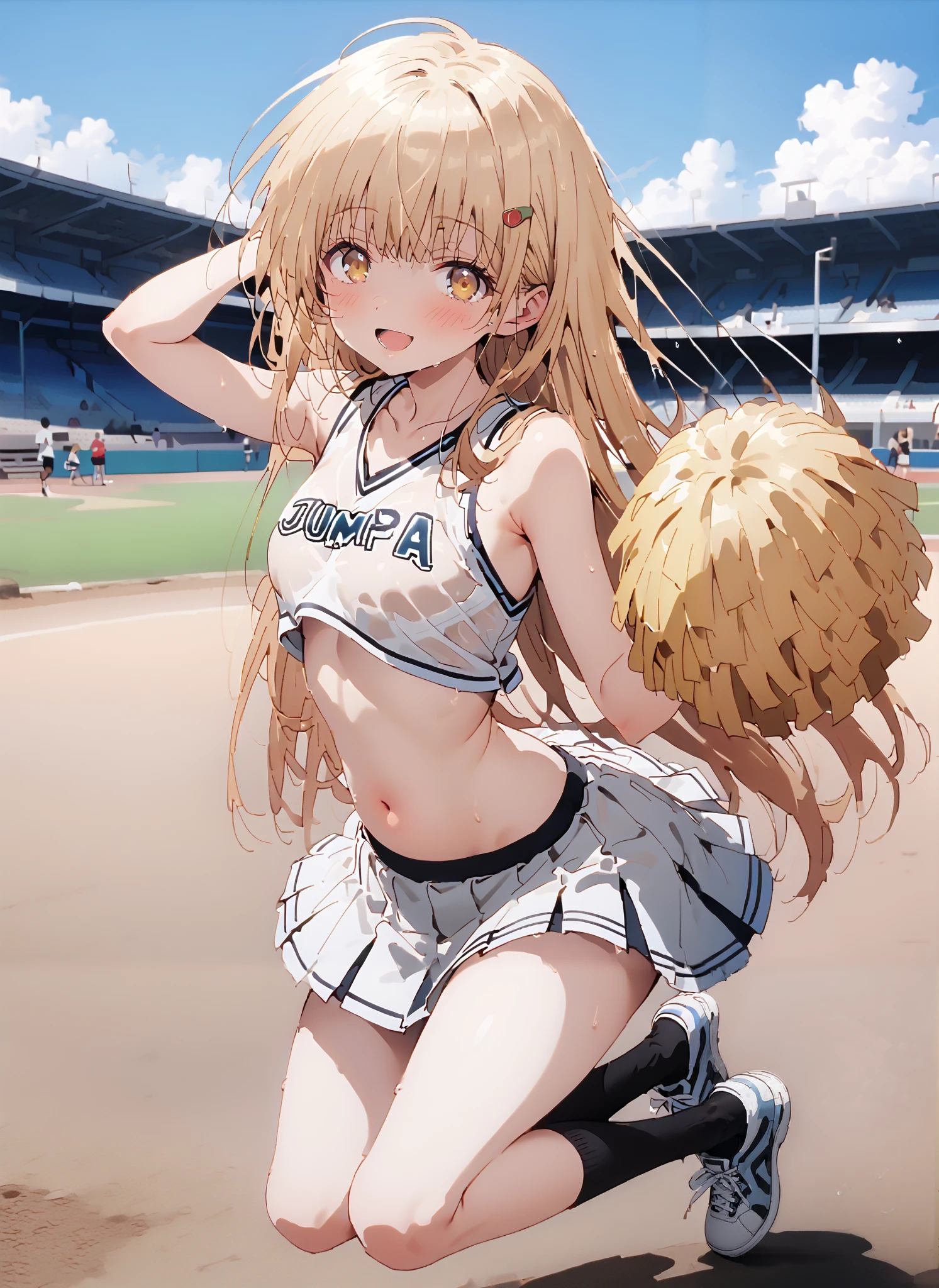 It's so dizzying, Mahiru Shiina, bungs, blonde hair, brown hair, yellow eyes,long hair,smile,blush,open your mouth,,(cheerleading), (full body), on chest, (semen), semen Wet Clothes, (white clothes),sleeveless, pleated skirt,black socks,sneakers,belly button sticking, playground, (jump), (jump),and raise both arms, 両足を曲げてjumpする, blue sky, Compa, smile,cheerleader with radiant skin, Pom-pom \(cheerleading\) real hair ornaments, full audience,full bodyがイラストに入るように,break looking at viewer,full body,
break outdoors,Stadium,
break (masterpiece:1.2),top quality , kampala, Unity 8K Wallpaper ,(shape:0.8),( fine, beautiful eyes :1.6),It's a person ,full body写真,CG Details , (perfect hands with full nudity,complete anatomy),