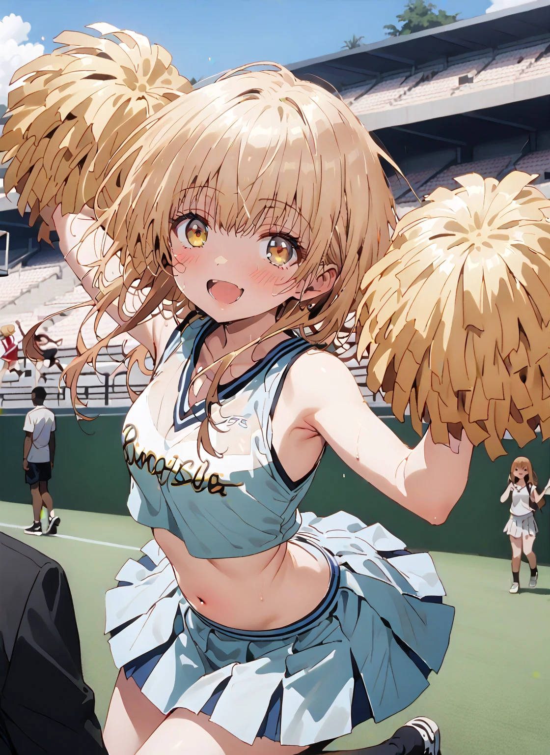 (masutepiece:1.5)、(top-quality:1.5)、(16k wallpaper:1.2)、(Photorealsitic:1.2)、(ultra-detailliert:1.2)、(超A high resolution:1.2)、(Highly detailed and realistic skin:1.2)、(Surrounded by a crowd of men:1.5)、On the school grass playground、18-year-old cheerleader、Very detailed and beautiful sharp eyes、Powerful and beautiful eyeshadow、(Slender woman with body shape:1.2)、Natural Color Lip、(long blonde high ponytail covering one eye)、(she pulled up her white shirt、exposing beautiful little underboob:1.2)、(teal cheerleading miniskirt:1.2)、(holding a pom pom:1.2)、Shy smile、(white sleeveless cheerleading shirt:1.3)、(White panties visible through the skirt)、Facing the front、(Image from below)
