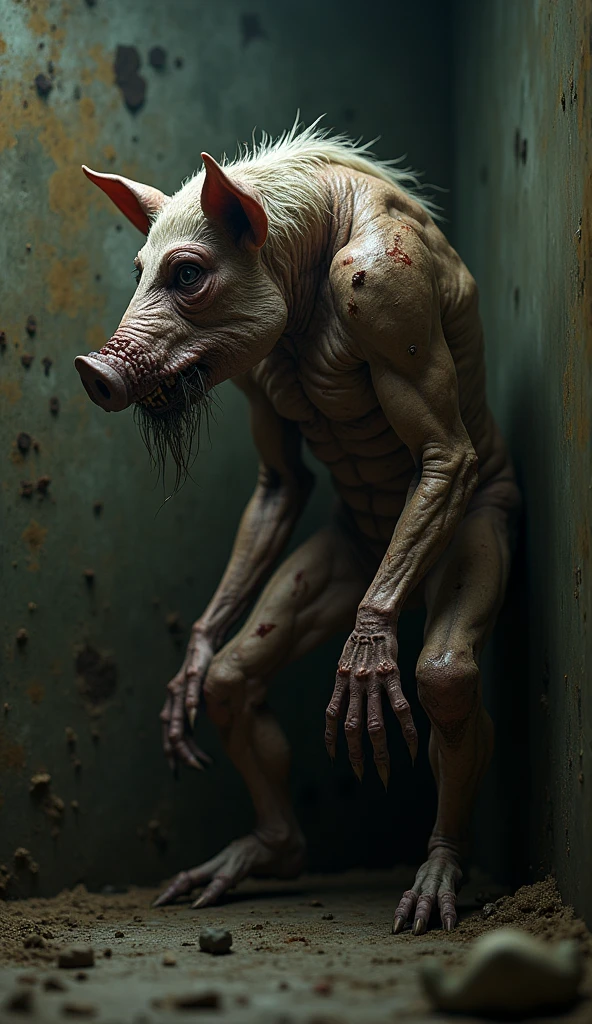 A realistic depiction of the apocalypse: a person resurrected from the grave with a face resembling a black pig. Their body is extremely thin and covered in wounds. Art style: highly detailed photorealism.