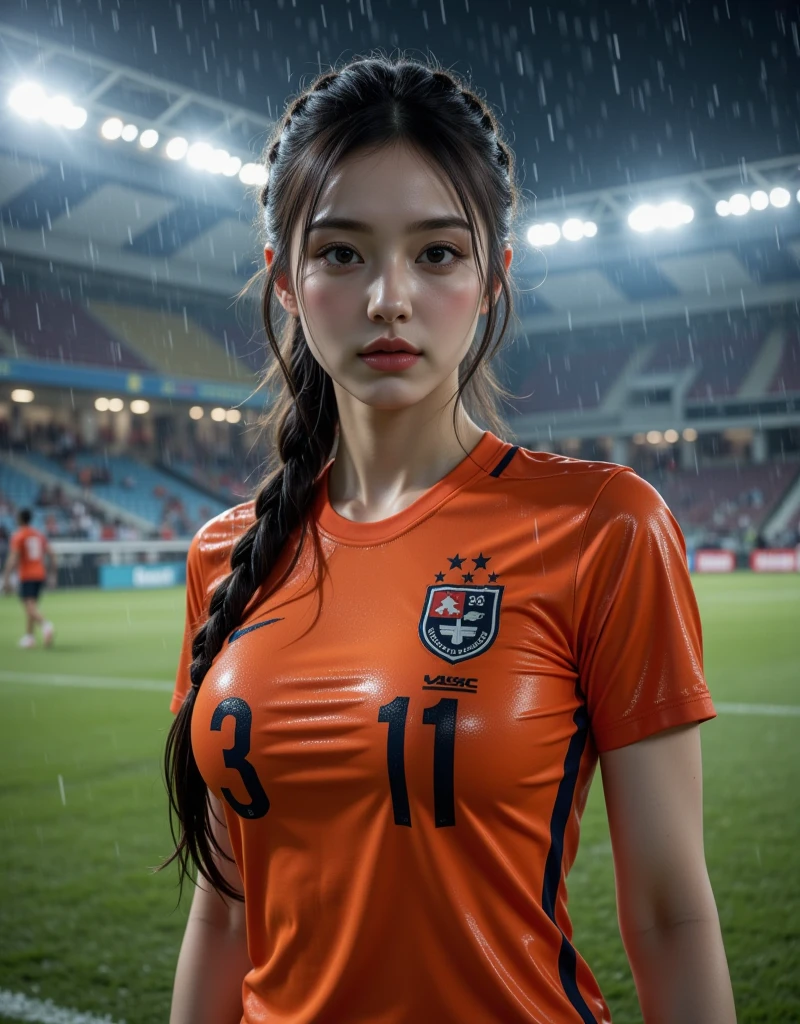 Highest quality, High resolution:1.2, Very detailed, Realistic:1.3, ((Beautiful woman))、((Super tight uniform))、((Big Breasts))、(((Soccer uniforms)))、Vibrant colors, play soccer,(Blunt bangs)、((Various Hair Styles))、Different hair colors、With bangs、Wet Hair, concentrate, splash, Action Shots, Grass blotches, Muddy ground, Wet turf, decide, Fast-paced games, Athletic physique, Shiny soccer ball, Wet Uniform, raindrop, Blurred motion, ボールにconcentrateする, Intense competition, Skillful dribbling, Energetic play, Teamwork, powerful shoots, Wet pitch, Passionate sports, Fierce decide, Humid atmosphere, Fluid movement, emotional expression、Dramatic lighting, Women's Sports, Avid athletes, Exciting Games, Endure, Excited state, Speed and agility, Energetic play, 濡れたsplash、smile、((Red Uniform))