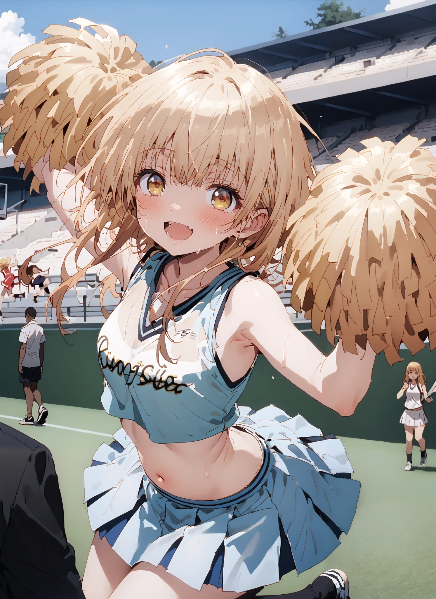 It's so dizzying, Mahiru Shiina, bungs, blonde hair, brown hair, yellow eyes,long hair,smile,blush,open your mouth,,(cheerleading), (full body), on chest, (semen), semen Wet Clothes, (white clothes),sleeveless, pleated skirt,black socks,sneakers,belly button sticking, playground, (jump), (jump),and raise both arms, 両足を曲げてjumpする, blue sky, Compa, smile,cheerleader with radiant skin, Pom-pom \(cheerleading\) real hair ornaments, full audience,full bodyがイラストに入るように,break looking at viewer,full body,
break outdoors,Stadium,
break (masterpiece:1.2),top quality , kampala, Unity 8K Wallpaper ,(shape:0.8),( fine, beautiful eyes :1.6),It's a person ,full body写真,CG Details , (perfect hands with full nudity,complete anatomy),
