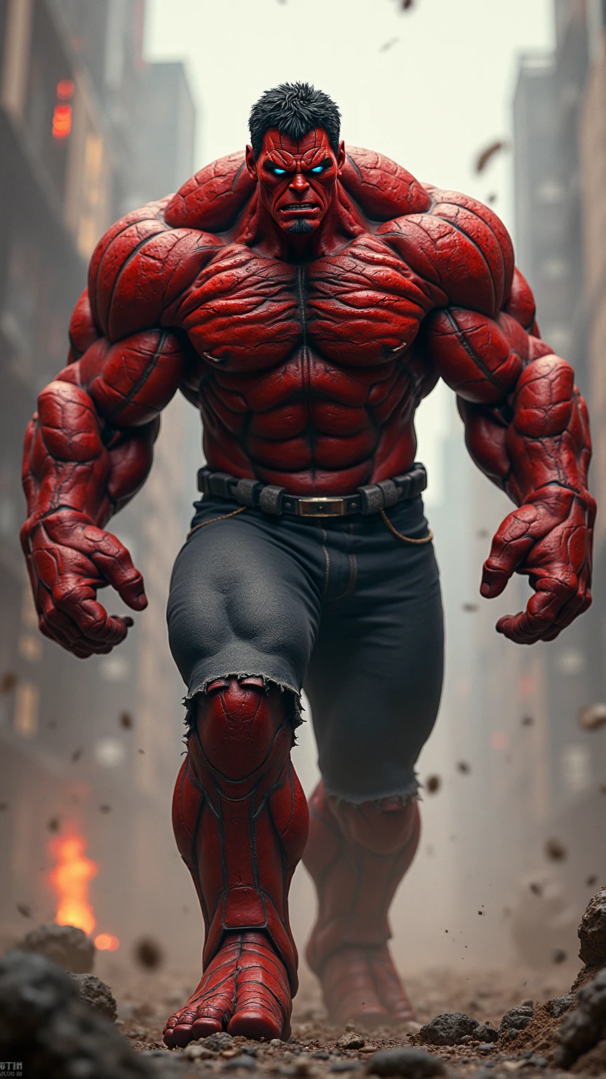 side view of full body of Red Hulk form Marvel,iconic pose,an look forward, Black jean shorts are torn because they are too small for the body,pronounced muscles and jaggedskin,A simple background contrasts with the subject, highlighting every detail on the subject,Surrealism,Hyperrealistic,Photorealistic,high-key image, high key lighting imagefrom side,8k, ultra high res, sharp focus,highly detailed, photo