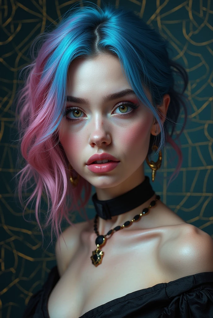 The best quality, lovely, Digital art, Altamente detailed, Detail it up, Intricate,  hermoso brillo detailed, detailed, CinematicLight, High resolution, Rasgos faciales detaileds, sharp focus, Suave, ((Whole body)), (masterpiece),(Ultra detailed), (high quality), (High resolution),  1 girl of 25 years,(Spider web background:1.2), shoulders, black tape, Black choker, blue hair, old, choker, Crop above, Emikuki, facial mark, , looking at the viewer, multicolored hair, (sharp teeth, open mouth), no hats, (Dominant),(), pink hair, sharp teeth, shirt, Skirt, only, streaked hair, Cabello bitono