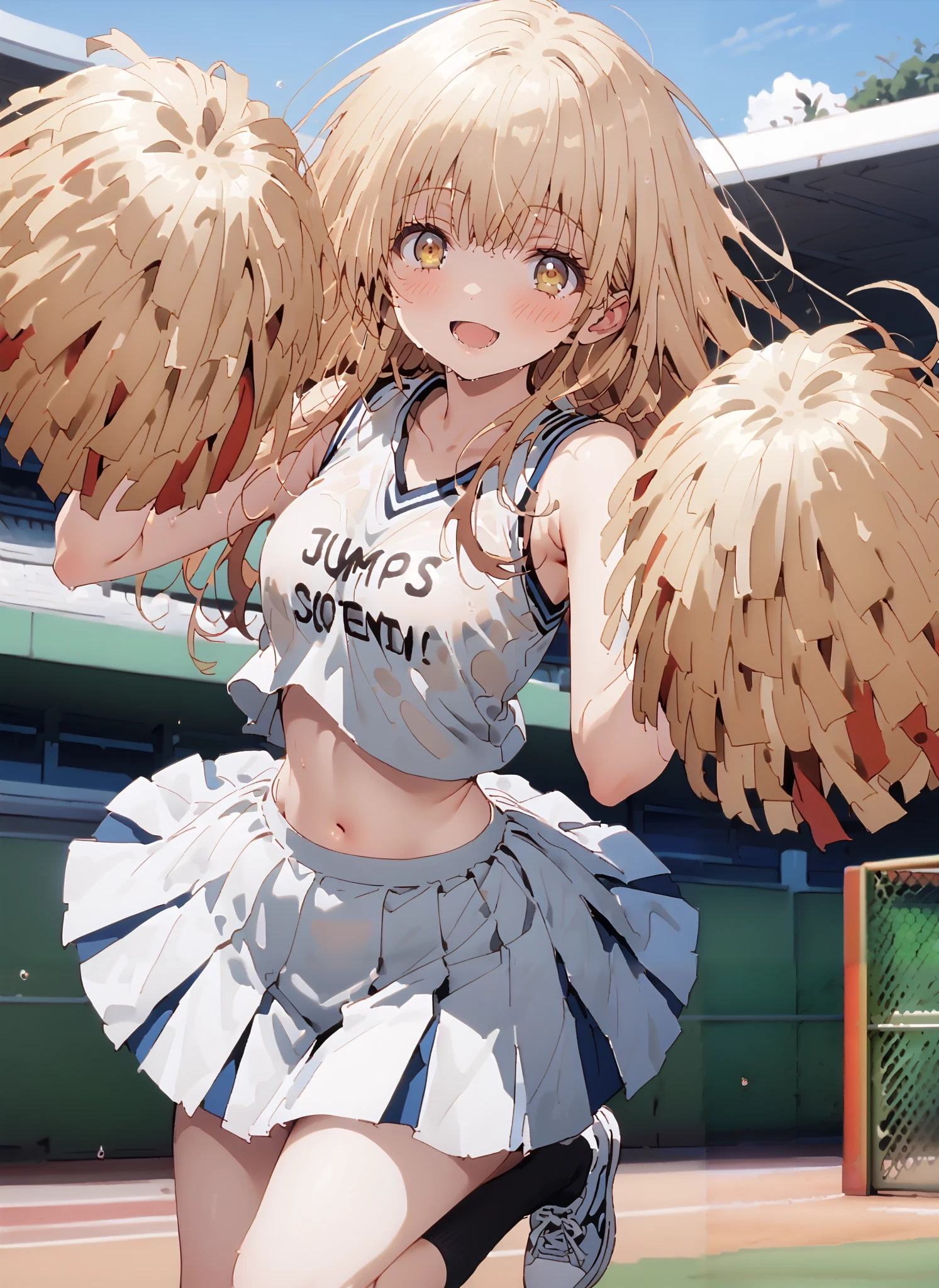 It's so dizzying, Mahiru Shiina, bungs, blonde hair, brown hair, yellow eyes,long hair,smile,blush,open your mouth,,(cheerleading), (full body), on chest, (semen), semen Wet Clothes, (white clothes),sleeveless, pleated skirt,black socks,sneakers,belly button sticking, playground, (jump), (jump),and raise both arms, 両足を曲げてjumpする, blue sky, Compa, smile,cheerleader with radiant skin, Pom-pom \(cheerleading\) real hair ornaments, full audience,full bodyがイラストに入るように,break looking at viewer,full body,
break outdoors,Stadium,
break (masterpiece:1.2),top quality , kampala, Unity 8K Wallpaper ,(shape:0.8),( fine, beautiful eyes :1.6),It's a person ,full body写真,CG Details , (perfect hands with full nudity,complete anatomy),