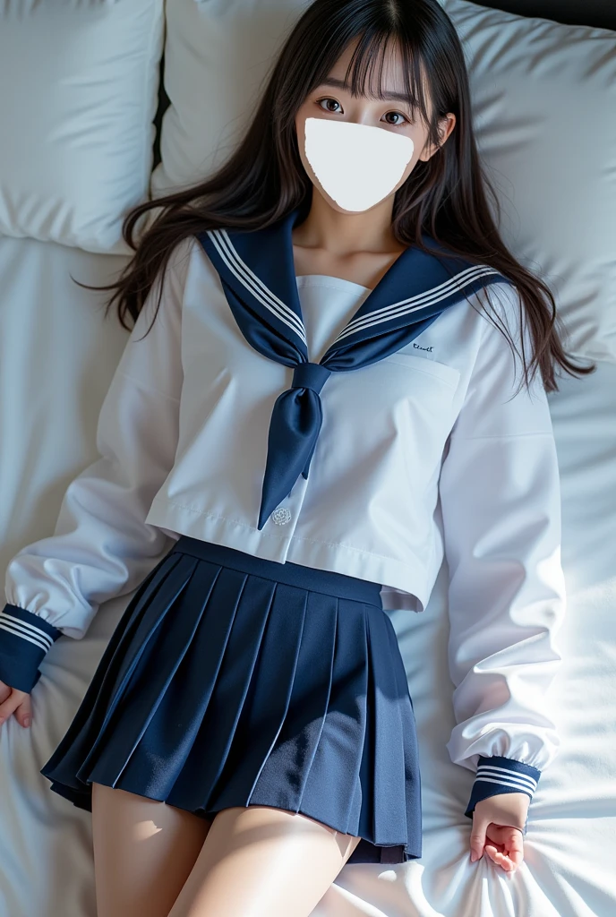 ulzzang-6500-v1.1, (Raw photo:1.2), (Photorealism), Beautiful detailed girl, Very detailed eyes and face, Beautiful detailed eyes, Huge file size, (Big), High Resolution, Very detailed, Best quality, [Masterpiece:1.6], [JK Uniform], Illustration, Very detailed, CG, Fine detail, Best quality, Very detailed CG uniform 8k wallpaper, Movie Lighting, 1 girl, 17 years old, cute Japan high school girl, perfect figure, [white school blouse unbuttoned, bra visible], large taut breasts, [huge breasts, heavy breasts, H cup: 1.9], cute droopy eyes, beautiful big eyes, no bra, sweaty and wet, [sexual arousal: 1.1], lying in bed: 1.5], hands raised, school uniform ribbon around neck, smile, (the whole body is wet), shining eyes, big breasts, big, big, head on pillow, stomach, button open