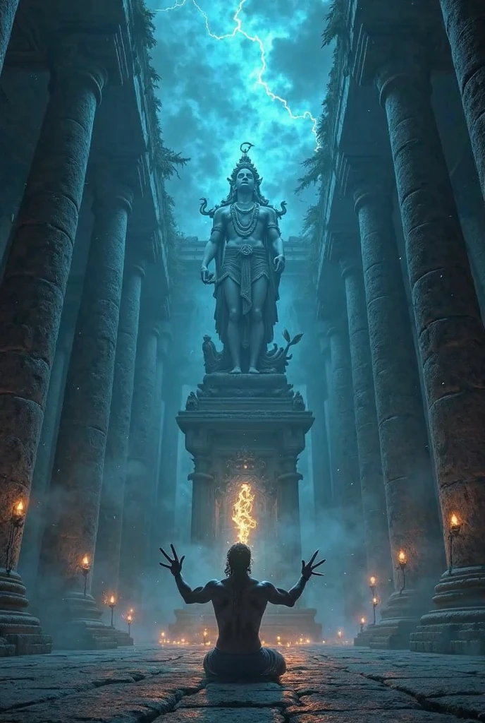 Inside the ancient black Thai temple, there is an ancient statue in the distance. It is a six-armed woman holding white flames in all six hands. dark fantasy style.