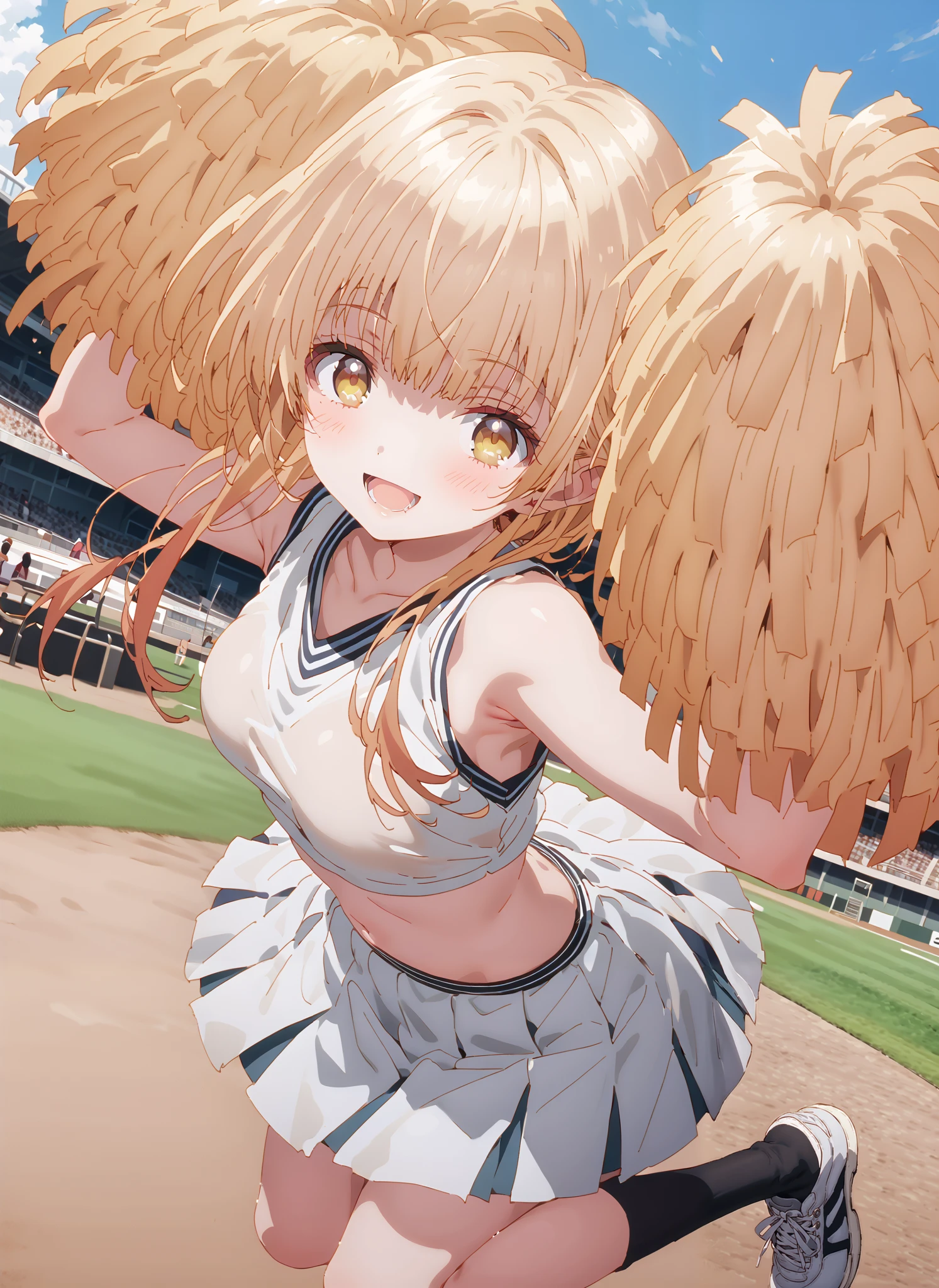 It's so dizzying, Mahiru Shiina, bungs, blonde hair, brown hair, yellow eyes,long hair,smile,blush,open your mouth,,(cheerleading), (full body), on chest, (semen), semen Wet Clothes, (white clothes),sleeveless, pleated skirt,black socks,sneakers,belly button sticking, playground, (jump), (jump),and raise both arms, 両足を曲げてjumpする, , blue sky, Compa, smile,cheerleader with radiant skin, Pom-pom \(cheerleading\) real hair ornaments,break looking at viewer,full body,
break outdoors,Stadium,
break (masterpiece:1.2),top quality , kampala, Unity 8K Wallpaper ,(shape:0.8),( fine, beautiful eyes :1.6),It's a person ,full body写真,CG Details , (perfect hands with full nudity,complete anatomy),