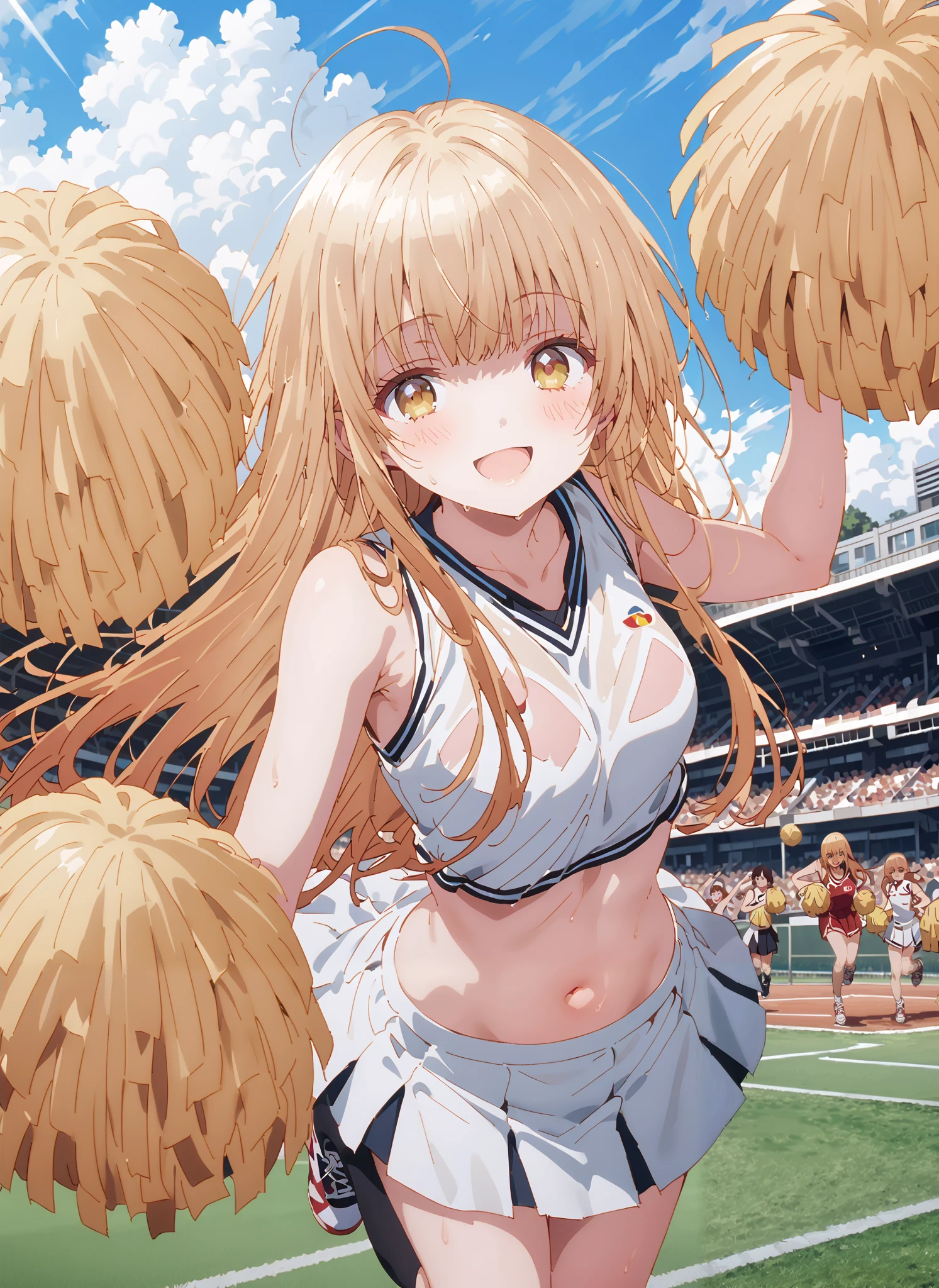 It's so dizzying, Mahiru Shiina, bungs, blonde hair, brown hair, yellow eyes,long hair,smile,blush,open your mouth,,(cheerleading), (full body), on chest, (semen), semen Wet Clothes, (white clothes),sleeveless, pleated skirt,black socks,sneakers,belly button sticking, playground, (jump), (jump),and raise both arms, 両足を曲げてjumpする, , blue sky, Compa, smile,cheerleader with radiant skin, Pom-pom \(cheerleading\) real hair ornaments,break looking at viewer,full body,
break outdoors,Stadium,
break (masterpiece:1.2),top quality , kampala, Unity 8K Wallpaper ,(shape:0.8),( fine, beautiful eyes :1.6),It's a person ,full body写真,CG Details , (perfect hands with full nudity,complete anatomy),