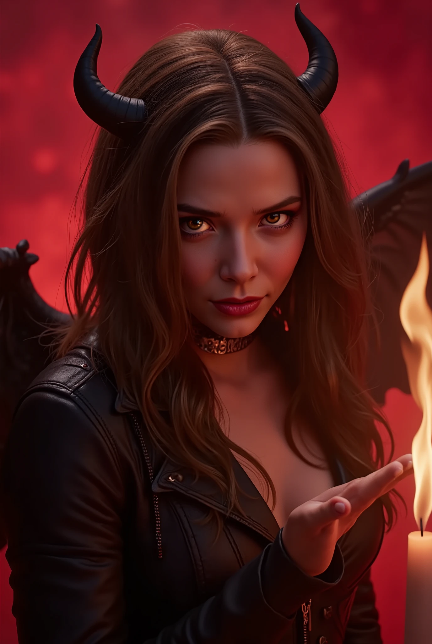quality & silent:
( 8K Ultra HD, photorealistic, masterful contrasts of light and shadow, atmospheric color palette of dark red and purple, cinematic lighting, Highly detailed skin textures, mystical aura, gloomy erotic staging).
🌌 Scene & background:
Dark, gothic setting — dimly lit chamber, Candlelight flickers on ancient stone walls.
Seductive fog — light haze reinforce the mystical atmosphere.
black wings & demonic energy — subtle red glow is reflected in the environment.
😈 model & Styling:
Fascinating demon with feminine perfection — long, flowing hair, sensual eyes with glowing eyes. golden eyes
narrow, seductive clothing — a touch of leather, Silk and lace, accentuate their lush curves.
long claws , small curved horns like cat ears & devilish smile — an irresistible mix of danger & eroticism.
🔥 Pose & Mood:
sneaks up on the viewer — seductive, Slow movements.
Deep eye contact — a sweet promise lies in her devilish smile.
Soft touch hinted at — a hand almost on the viewer's face, as if she were drawing him into her world.
💋 An irresistible moment between desire & fear — a play with fire. 💋