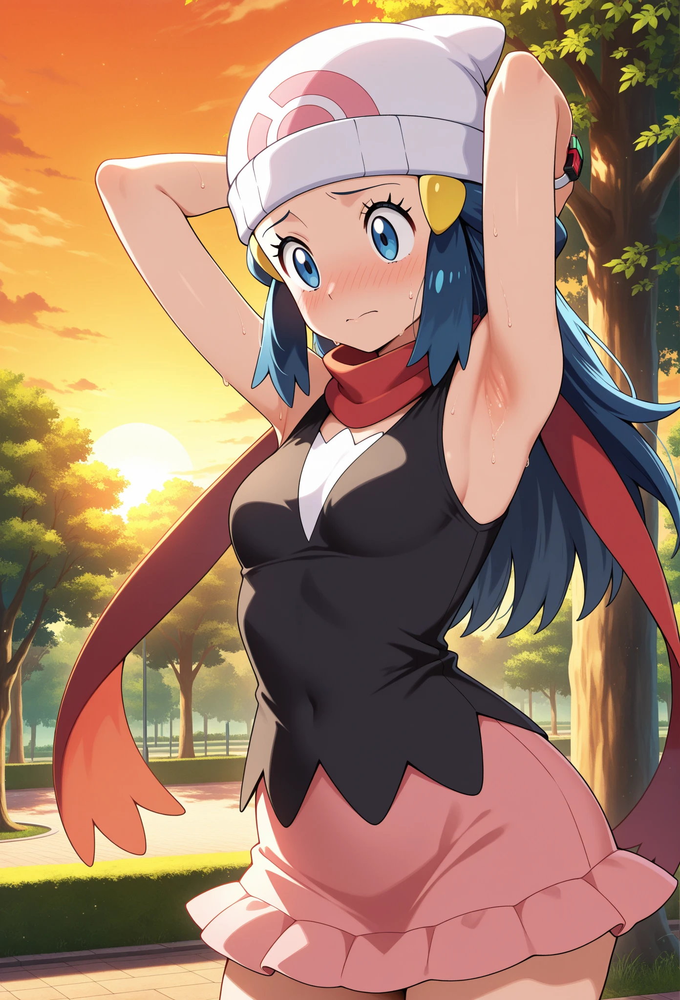score_9, score_8_up, masterpiece, best quality, 
1girl <lora:dawn_(pokemon):1>, commentary_request, pink_background, white_headwear, hairclip, red_scarf, solo, :d, small_breasts, looking_at_viewer, hand_up, pink_skirt, sleeveless_shirt, beanie, highres, bare_shoulders, dawn_\(pokemon\), black_shirt, 
,
(playful and mischievous expression, a seductive look, a come-hither expression), (cheeky look, self-satisfied, smirking, sly, cunning expression), (open mouth),
outdoor, forest, nature trail ,  closed up focus feet ((wearing white dirty socks)) , closed up soles,<lora:feet_anime_xl_v1c:0.5>