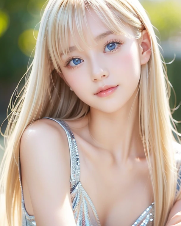 Shining, clear, white skin、Her windblown blonde hair hides her beautiful face、huge、28 years old cute sexy little beautiful face、Beautiful straight hair that stands out、growing up, Sparkling light blue eyes、long silky bangs that cover cute eyes, Sexy and cute young woman with super long hair hiding her sexy face、Super long, natural platinum blonde shiny hair