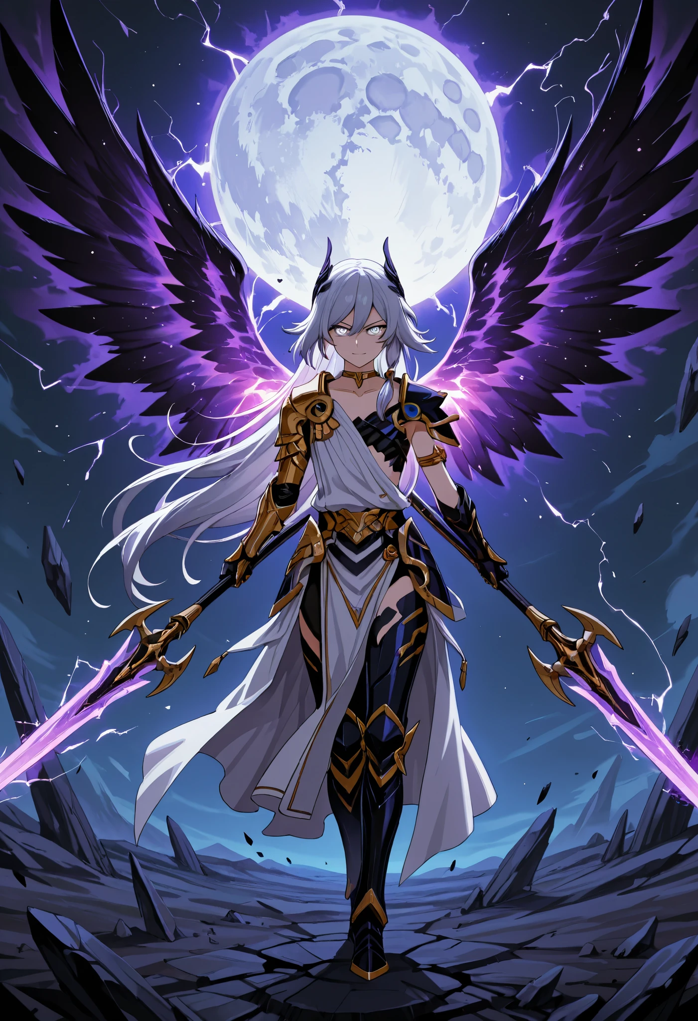 masterpiece, (moving, female focus, dynamic shot, wielding cosmic spear, solo:1.01), adult, glowing aura, glowing body, (dynamic pose, woman, girl, young adult, 1girl:1.08), (FuHua, Fol005, Fh_Hos, fu hua:0.97), asymmetrical armor, crystal armor, crystalline hair ,white hair, braided hair, gray eyes, glowing eyes, aura trails coming from her eyes, very long hair, seraphim angel, aura wings, thunder wings, deadly aura, killing intent, disgusted expression, looking at viewer, flat chest, dark armor, light armor, magical spear, cosmic weapons, ancient greek clothes, armlet, golden choker, greco-roman clothes, glowing purple tattoos, field of cosmic swords, (flying cosmic swords, smirk:1.07), glare, kevlar technology, (broken moon, shattered moon, cracked moon:1.03), tsurime, crazy laugh, Olympean motifs + Greek influences + Fallen angel, Surrealism, 4k, 8k, highres, best quality, highres, anatomically correct, textured skin