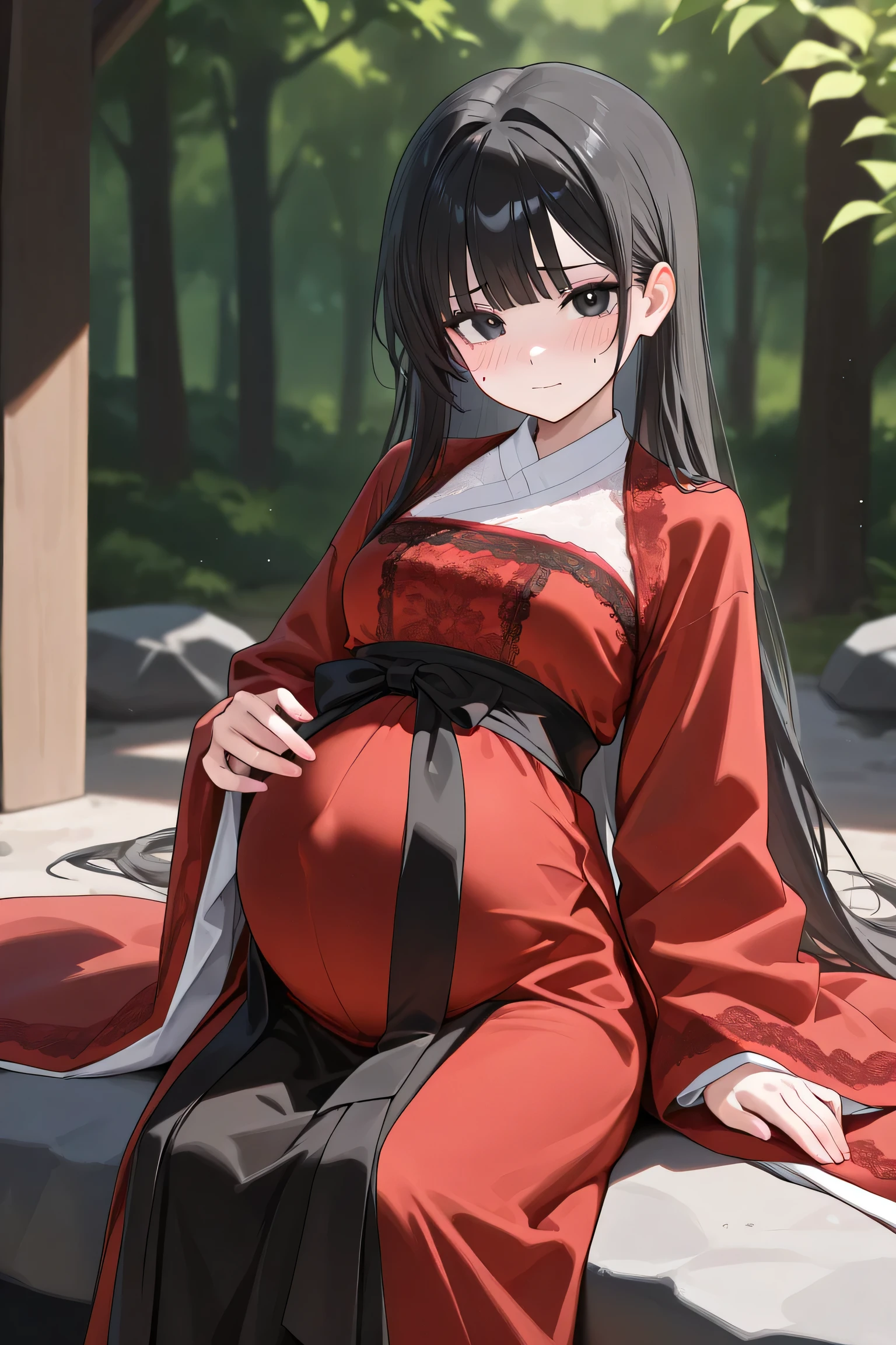 (Best quality, 4k, 8k, high resolution, masterpiece:1.2), ultra detailed, intricate details, beautiful girl, alone, long black hair, bangs, black eyes, small-medium breasts, perfect smooth skin, looking at viewer, head tilted, traditional Asian clothing, red hanfu with black accents, wide sleeves, black sash around waist, intricate embroidery on fabric, sit down, slightly nervous expression, soft blush on cheeks, elegant and graceful posture, (Pregnant:1.0), at forest on big stone,